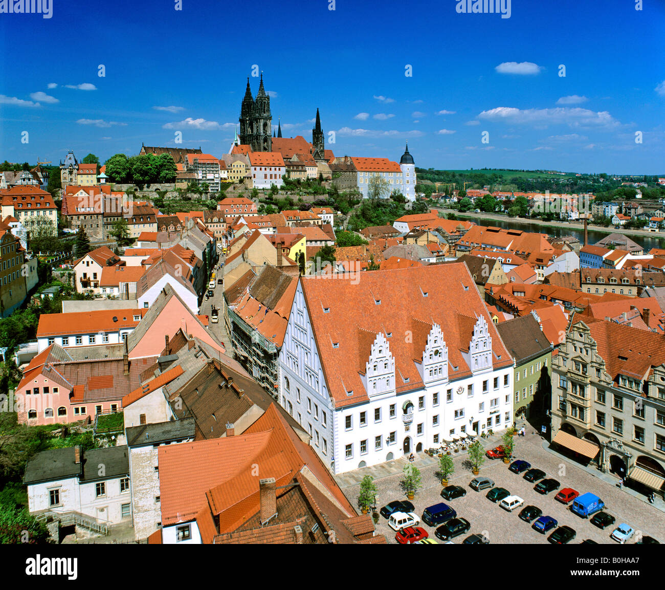 Town Hall, market square and cathedral, panoramic view, Meissen, Saxony, Germany Stock Photo