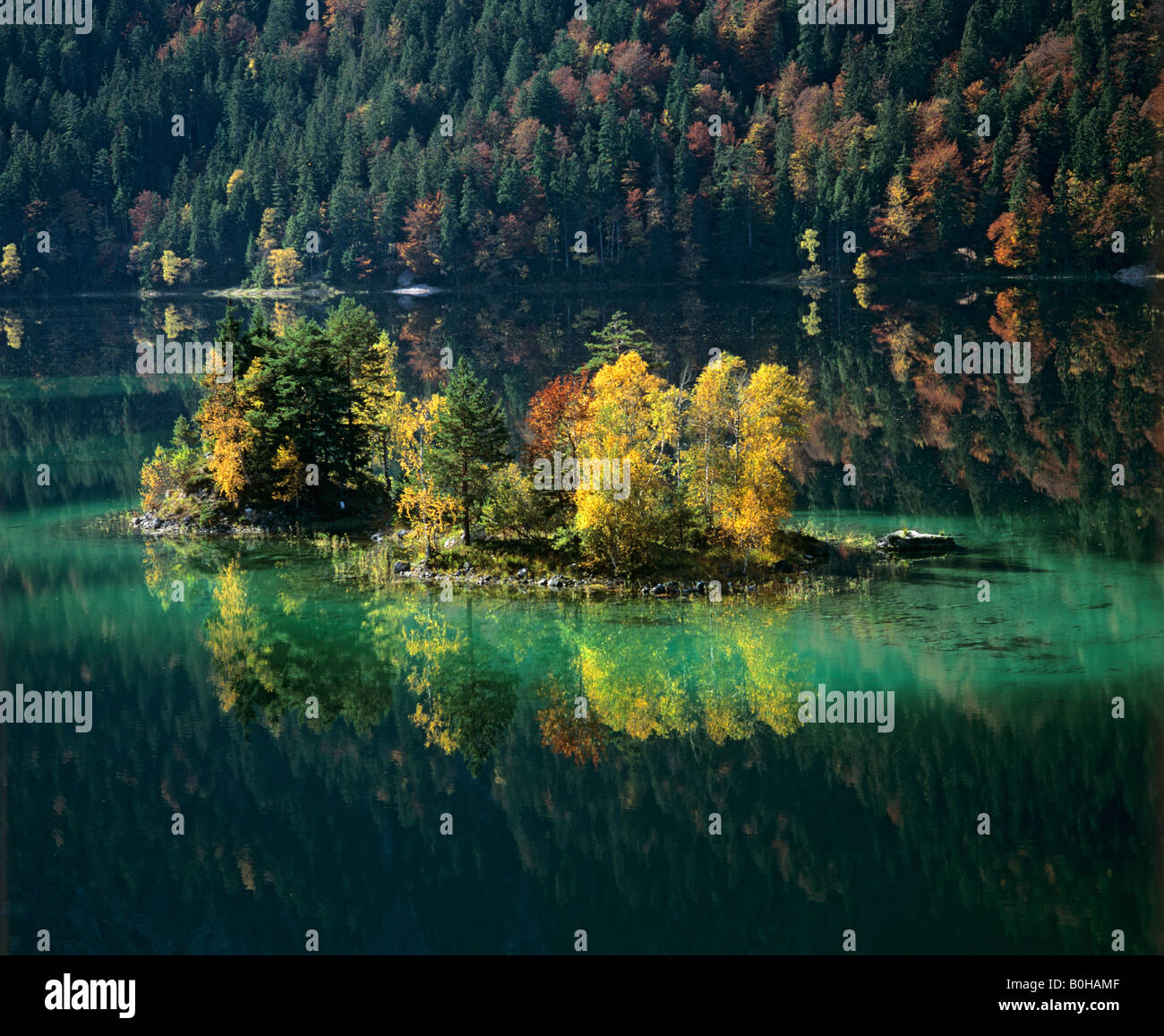 Eibsee Lake, island, autumnal mood, Upper Bavaria, Bavaria, Germany Stock Photo
