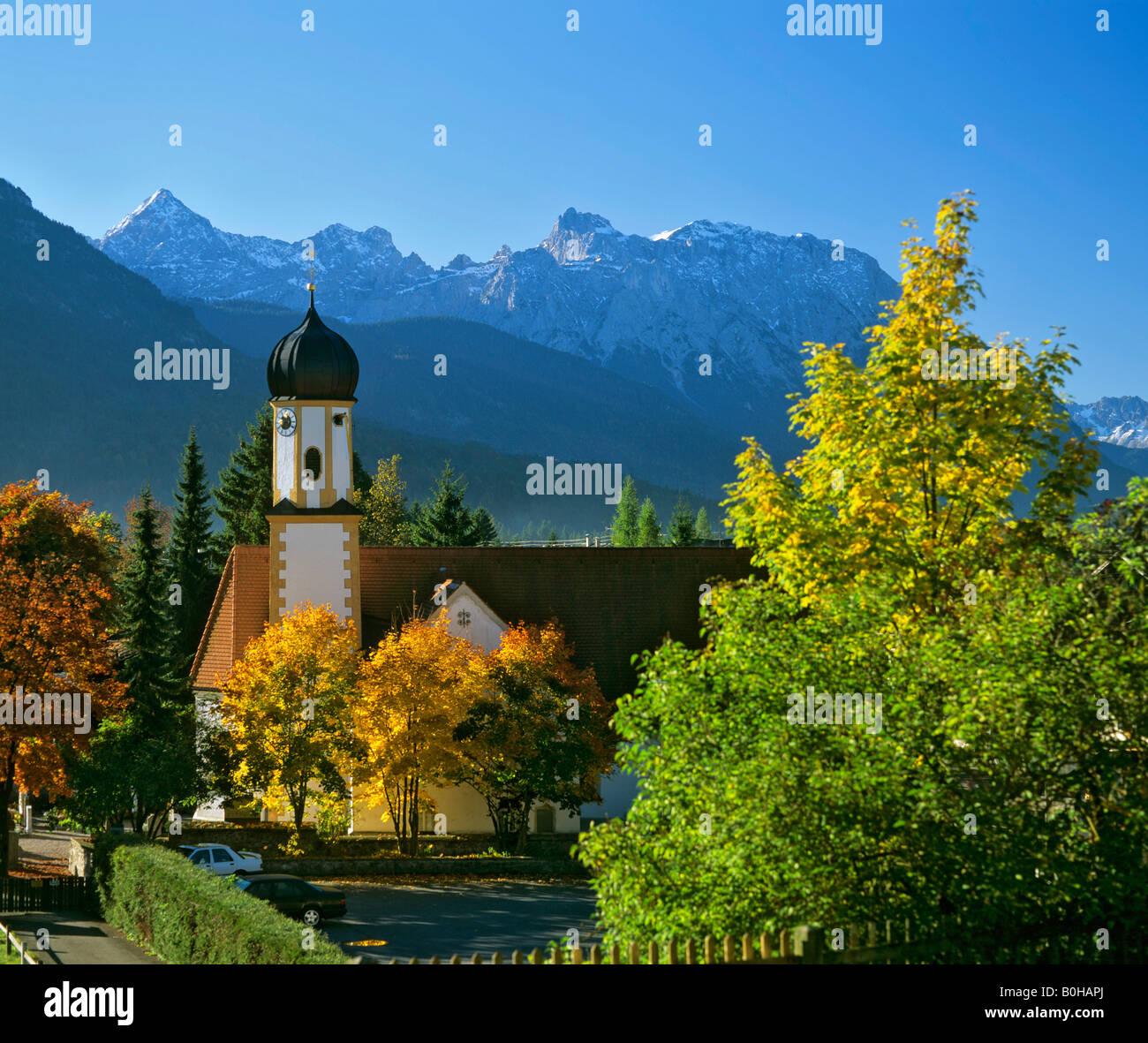 Wallgau, Pfarrkirche St. Jakob, St. Jacob's Parish Church, Karwendel Range, Upper Bavaria, Bavaria, Germany Stock Photo