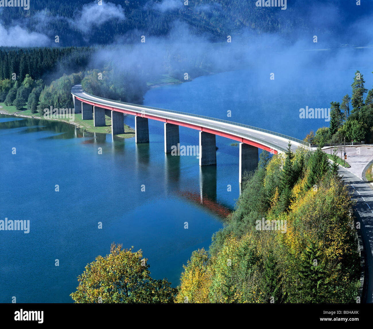 Sylvenstein Bridge, Sylvenstein Reservoir, autumn, Isartal Valley, Upper Bavaria, Bavaria, Germany Stock Photo