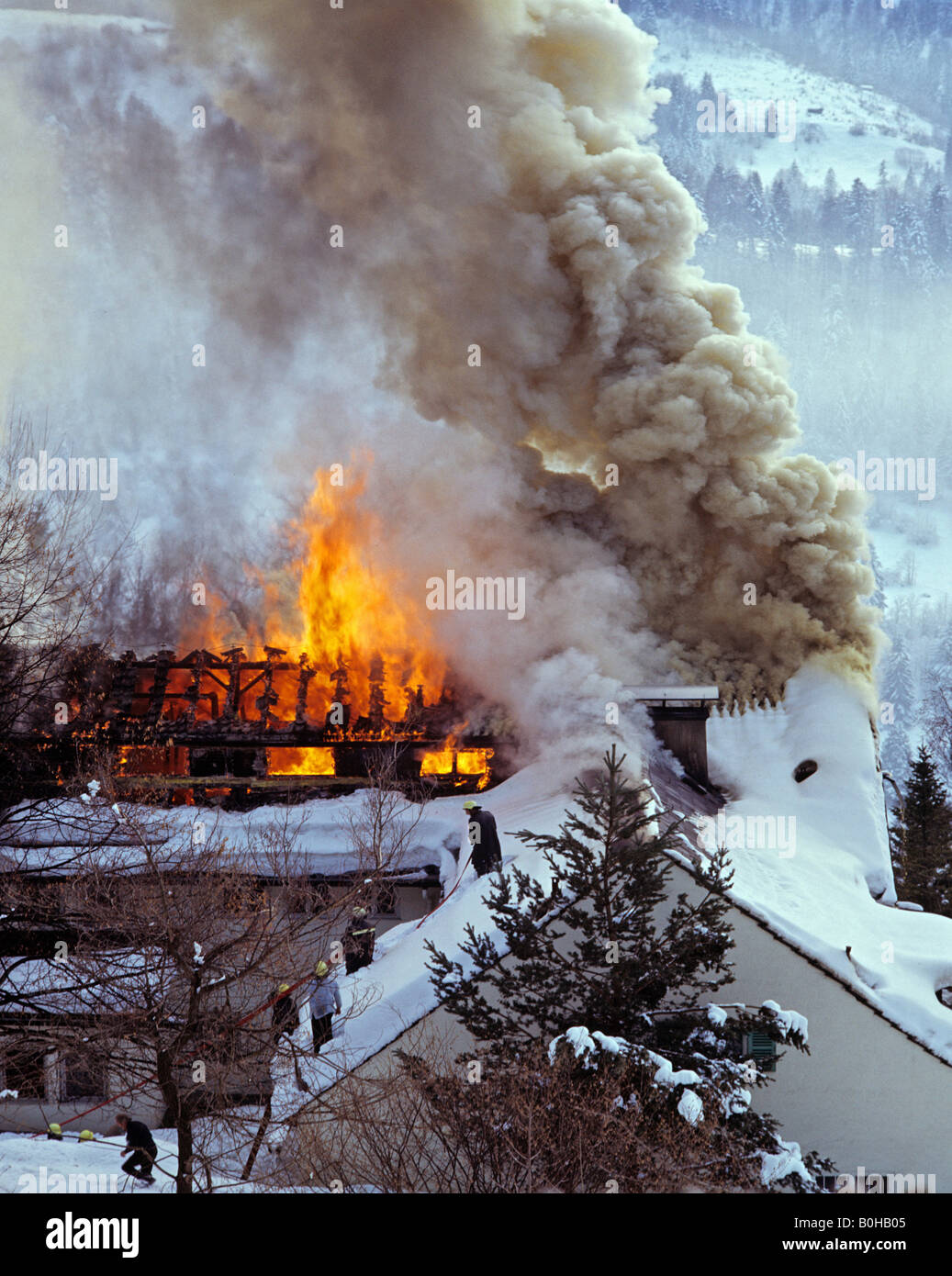 Fire, fire damage, truss fire, firefighters Stock Photo