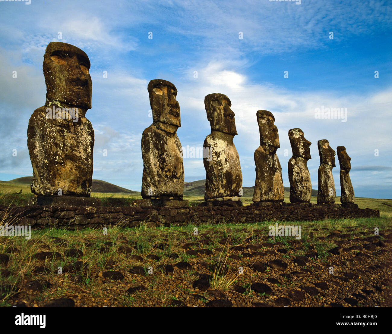 Seven moais of Ahu Akivi, stone sculptures, Rapa Nui National Park