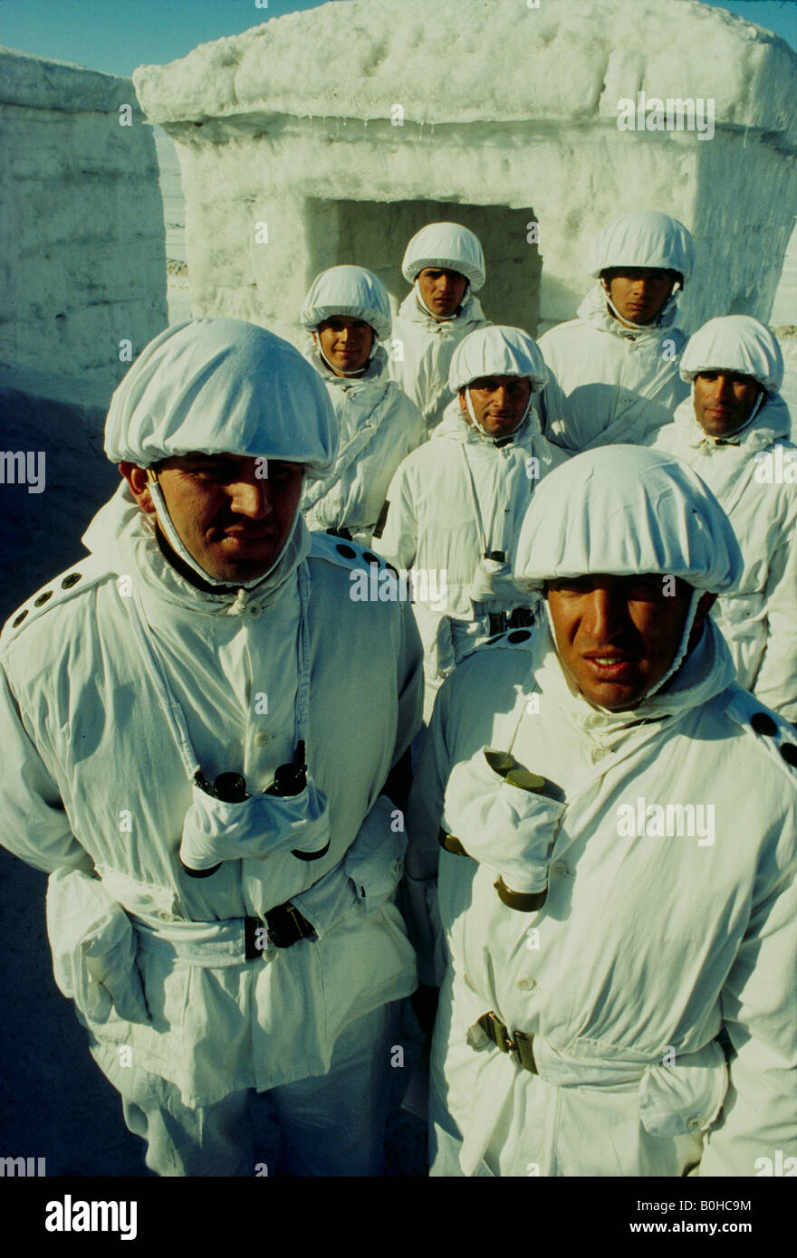 Turkish military troops wearing white camouflage on winter patrol near