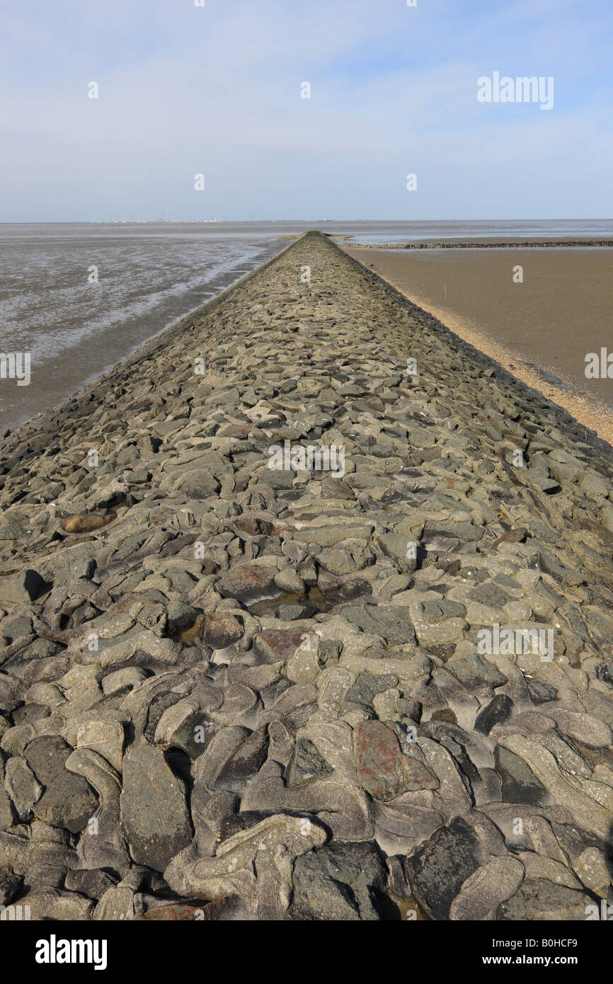 Stone jetty in the Wattenmeer, Wadden Sea, Eckwarden, Lower Saxony, Germany, Europe Stock Photo
