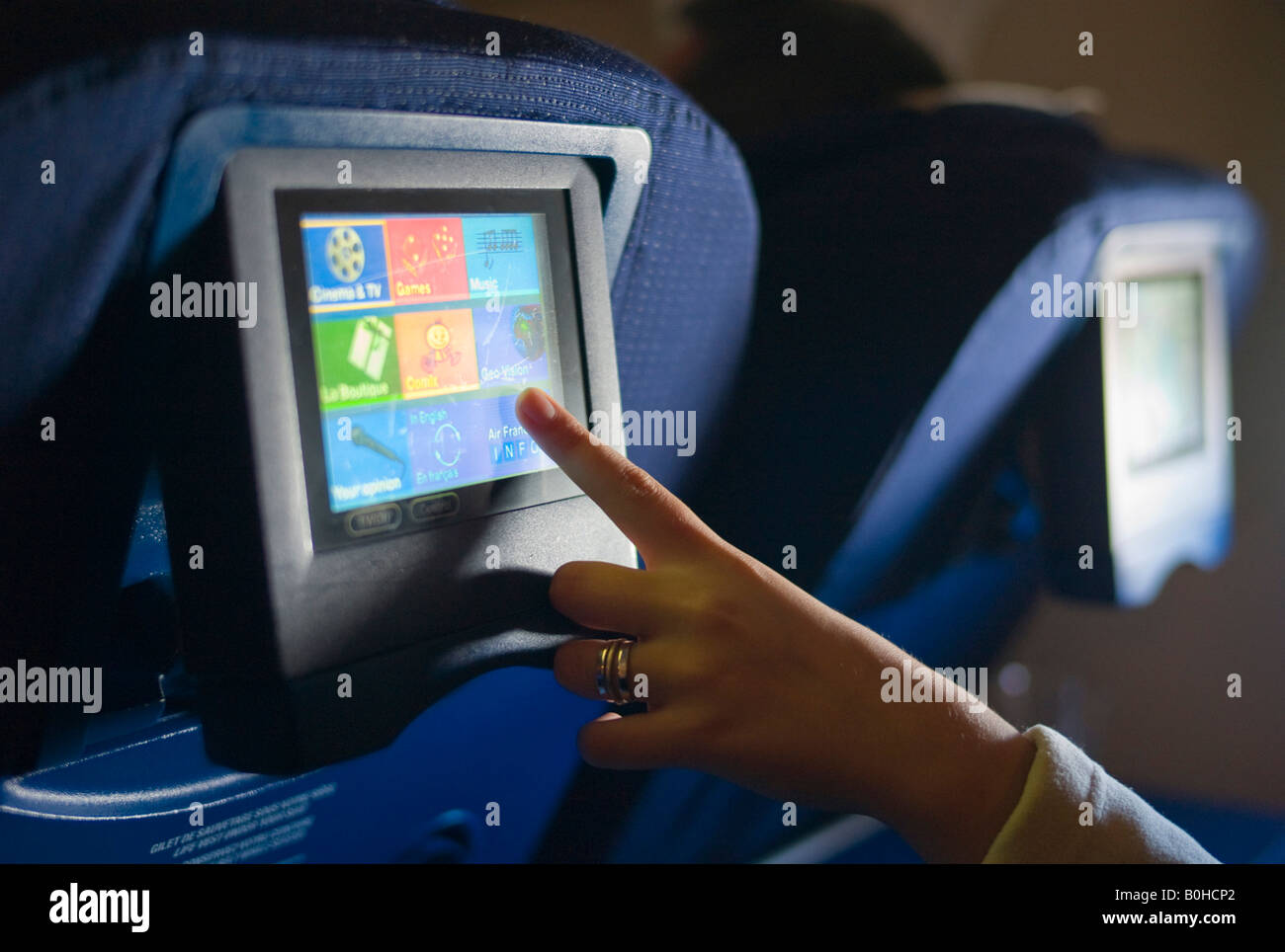 Inflight entertainment program, in-flight program selection Stock Photo