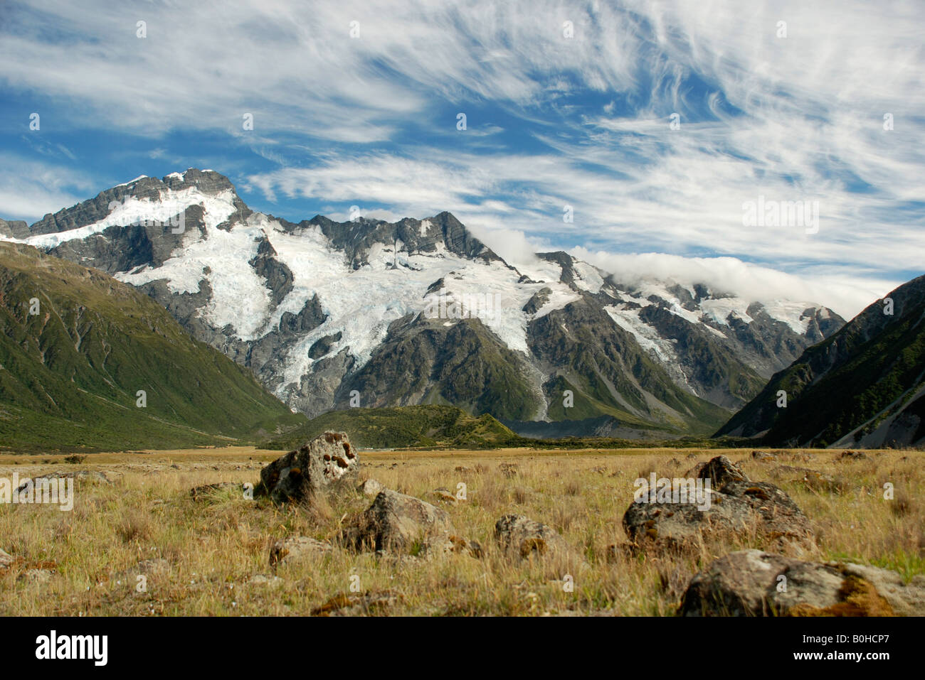 Glacier Valley at Mount Cook National Park Stock Photo