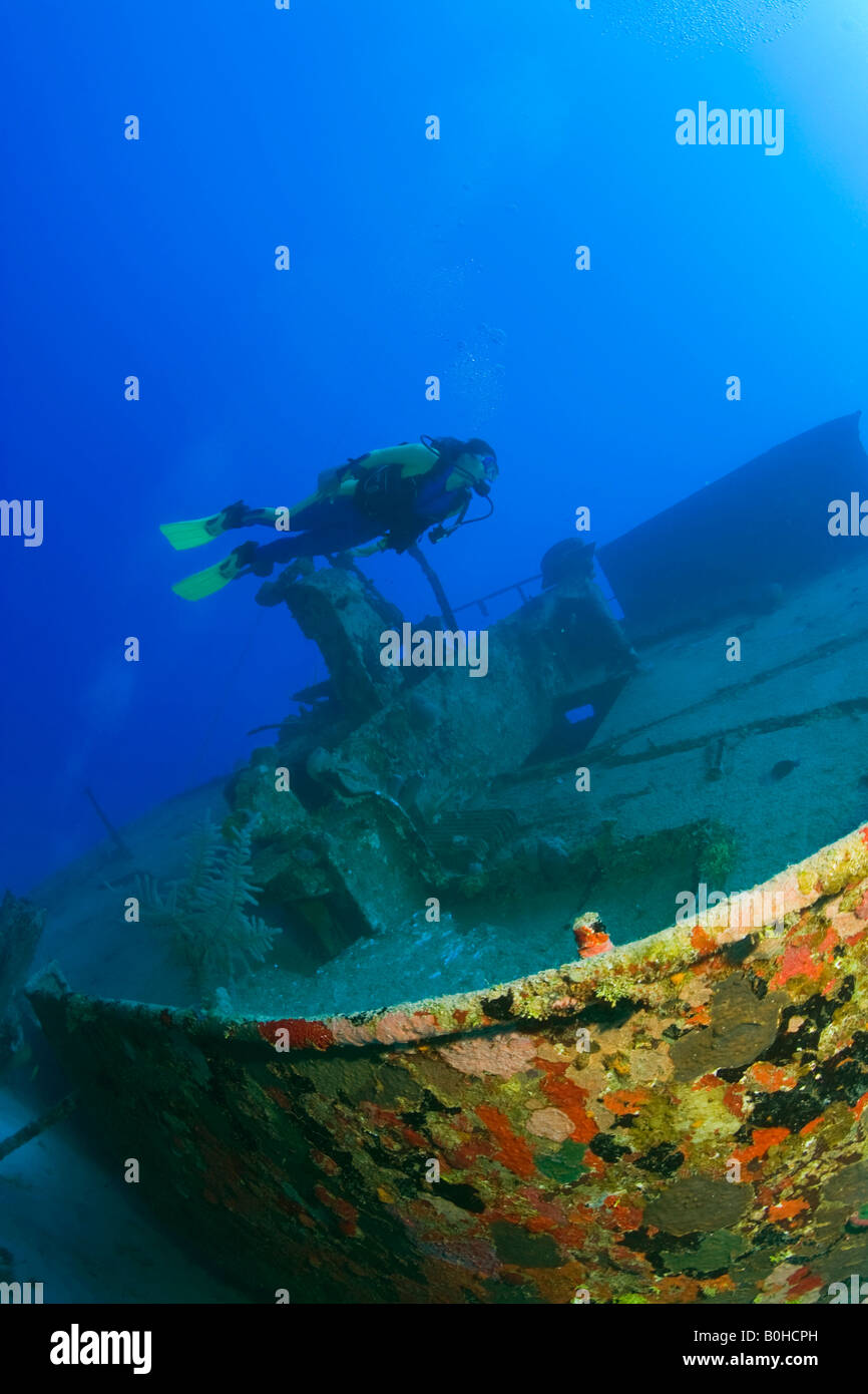 El Aquilla shipwreck, 70 meters, cargo ship, sunk in 1997 to serve as a tourist attraction for scuba divers, Roatan, Honduras,  Stock Photo