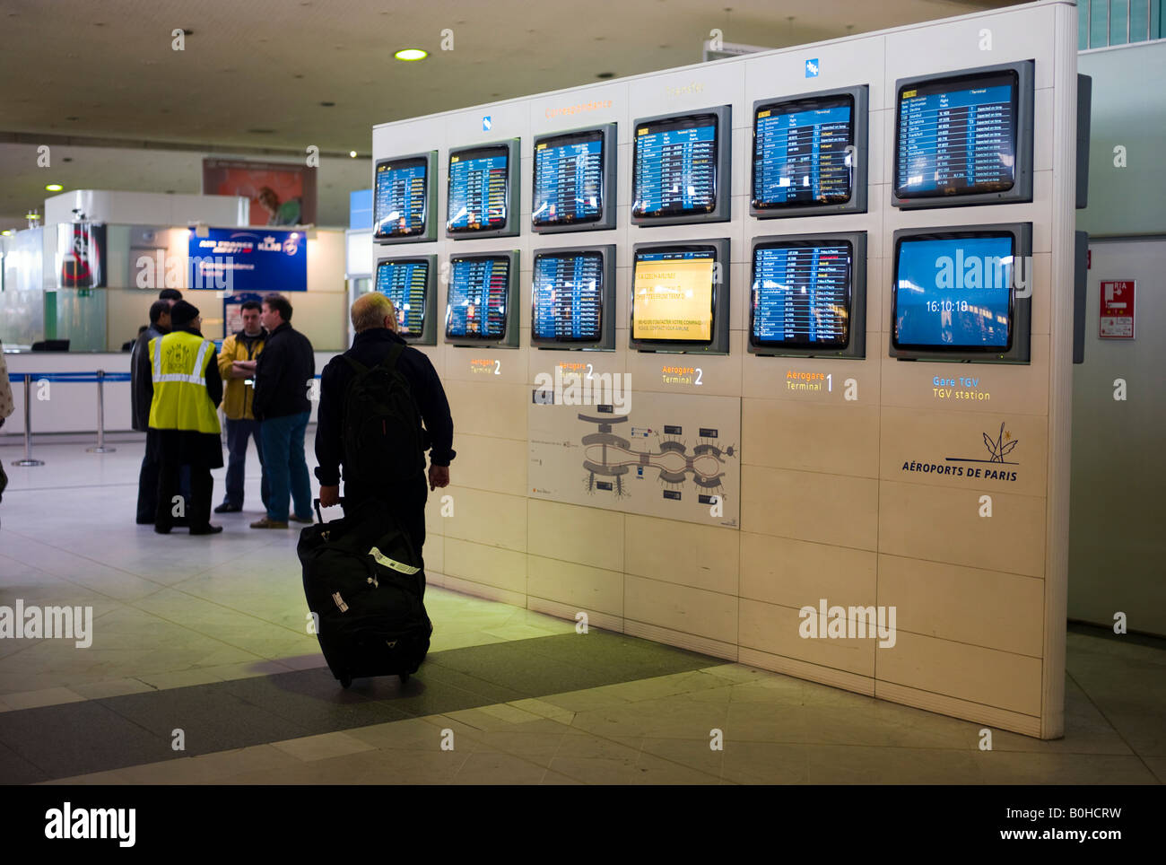Departure screens, board in Terminal 2, Charles de Gaulle International Airport, Paris, France, Europe Stock Photo
