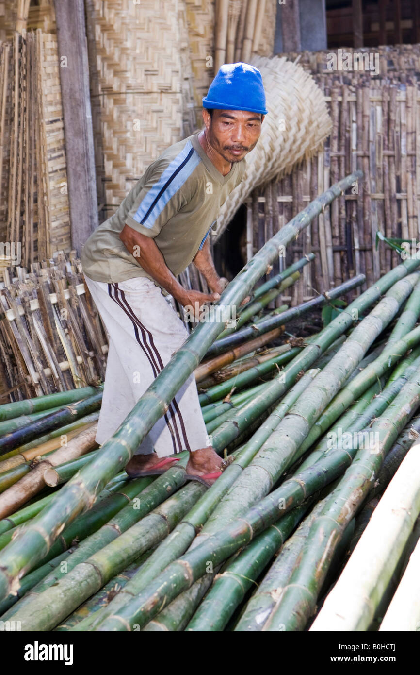 Worker stacking bamboo rods in a bamboo furniture factory, Lombok Island, Lesser Sunda Islands, Indonesia Stock Photo