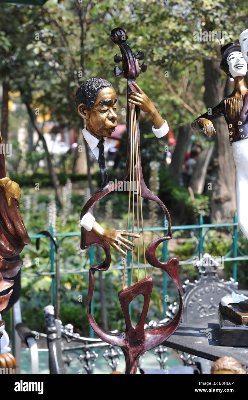 Sculpture of a bassist, Bazar del Sabado, Saturday Market Bazaar, San Angel, Mexico City, Mexico, North America Stock Photo