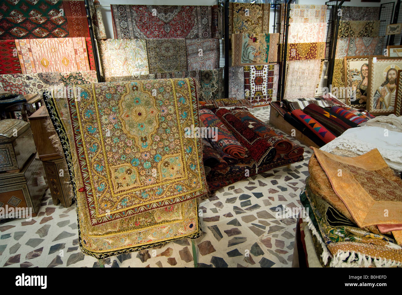 Oriental rugs in a souvenir shop, Jordan, Middle East Stock Photo