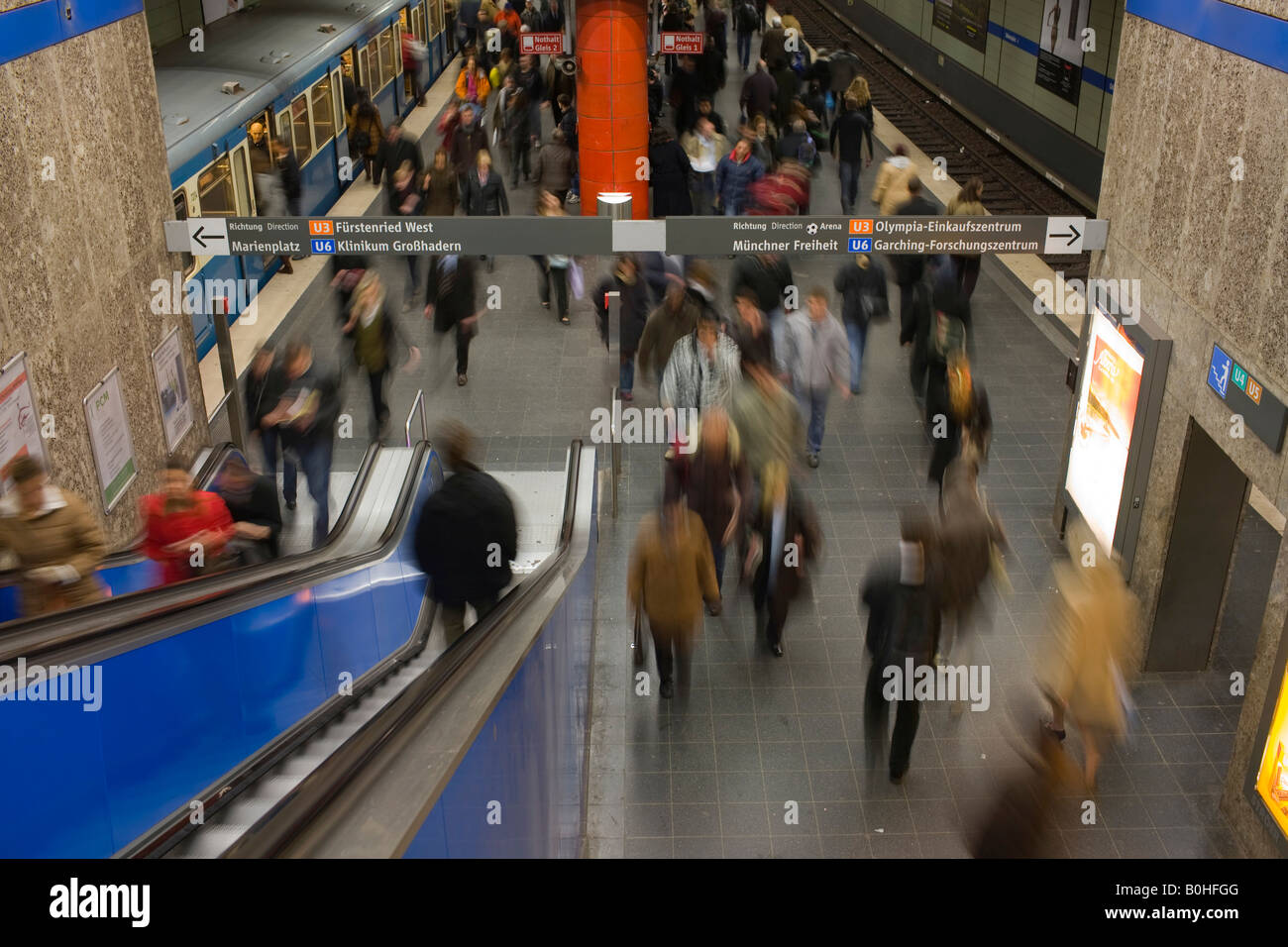 Crowd on the platform of the Odeonsplatz U-Bahn underground station, Munich, Bavaria, Germany Stock Photo