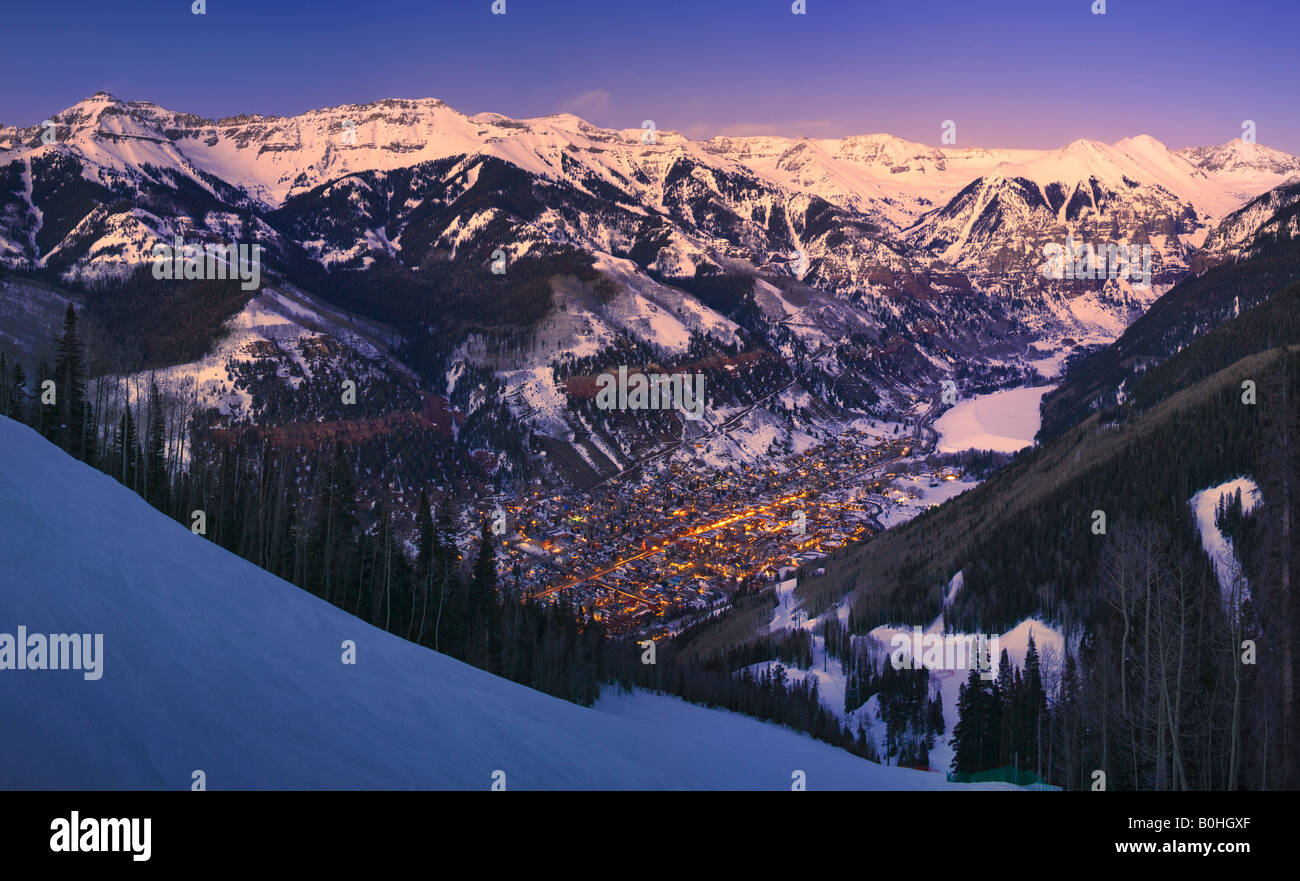 View of Telluride at dusk from Telluride Ski Resort, Colorado, USA