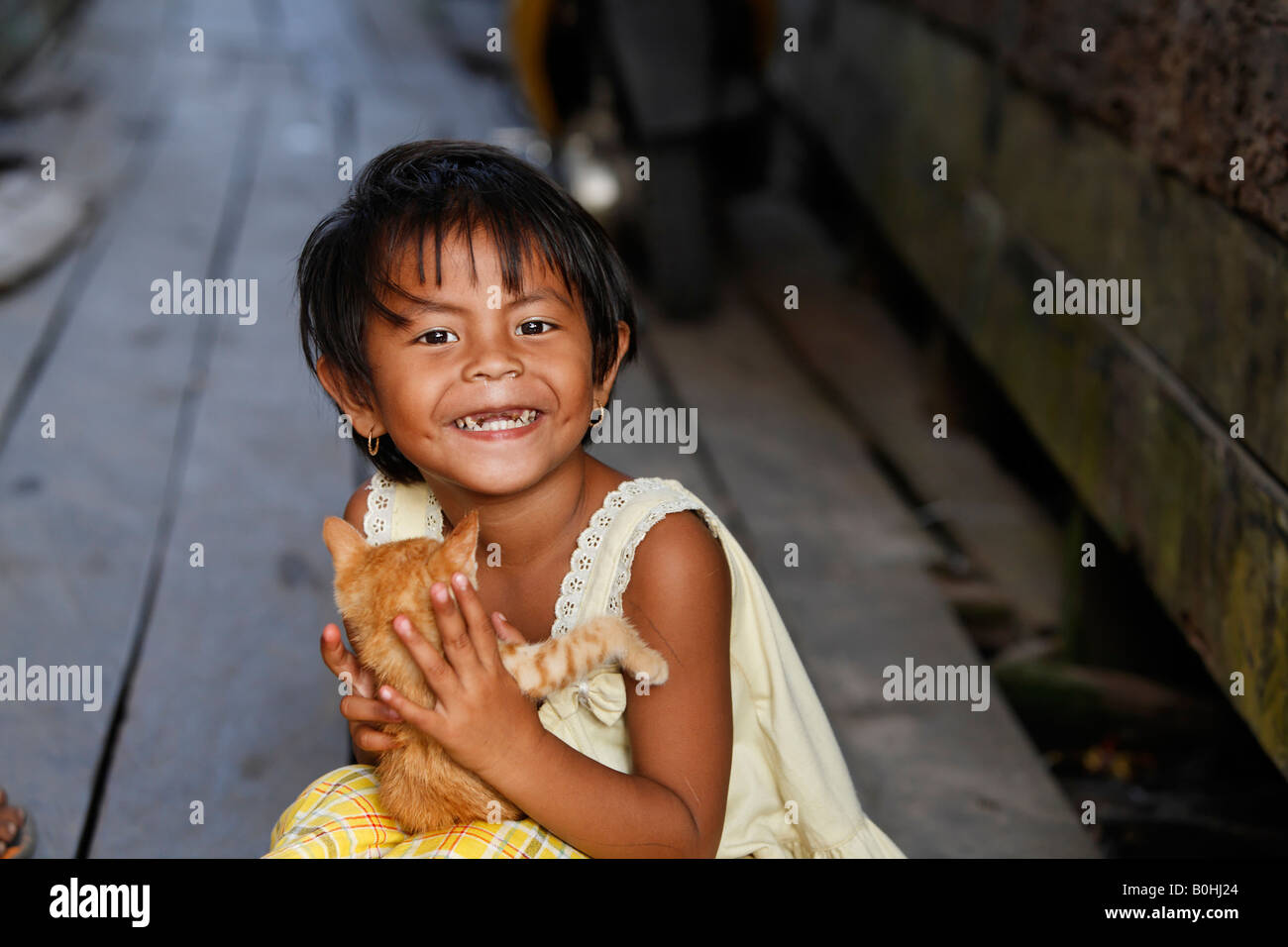 Girl holding a cat, Kumai, Borneo, Central Kalimantan, Kalimantan Tengah, Indonesia, Asia Stock Photo