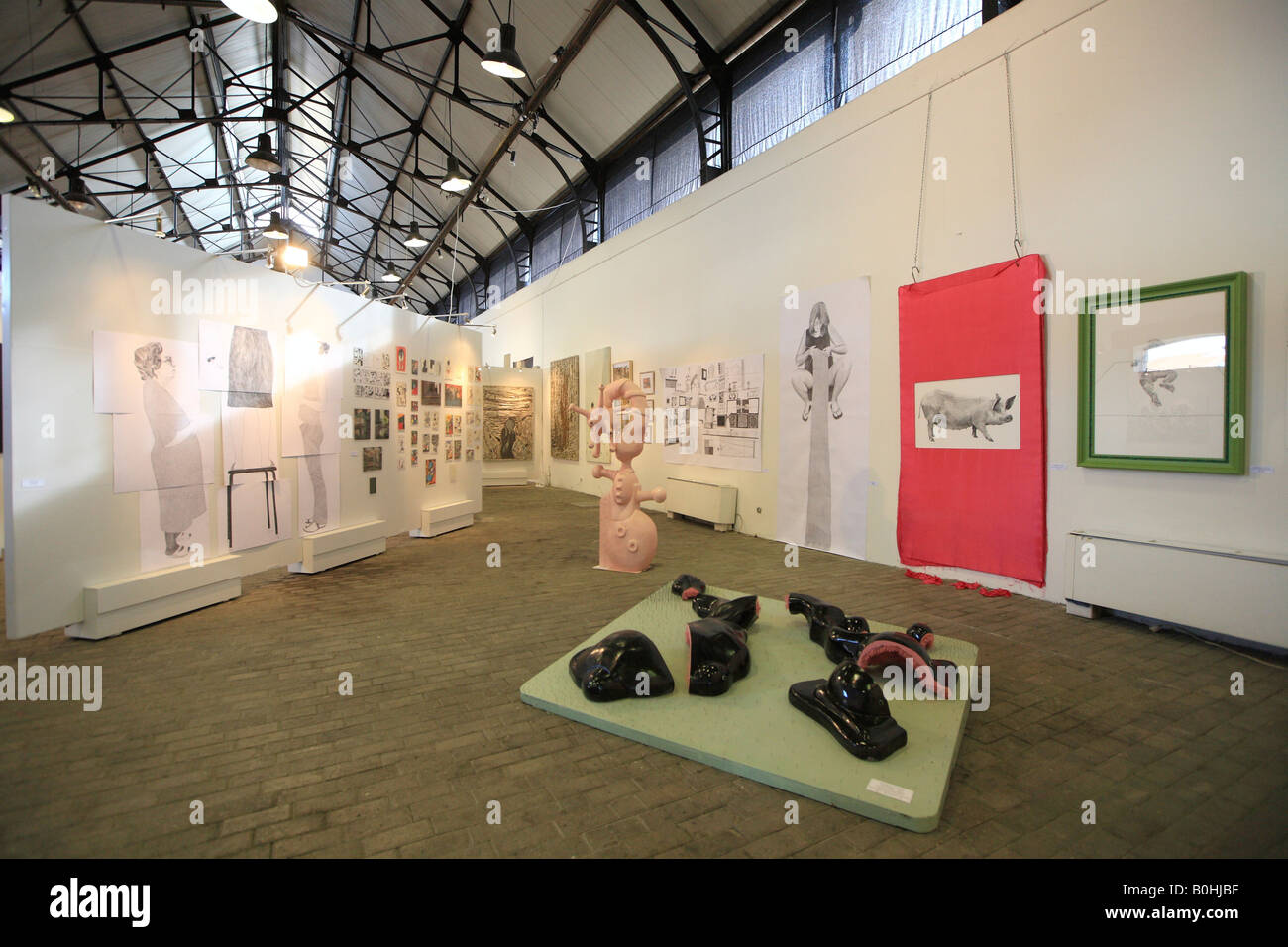 Indoor art exhibition in the Gazi Factory, Athens, Greece Stock Photo