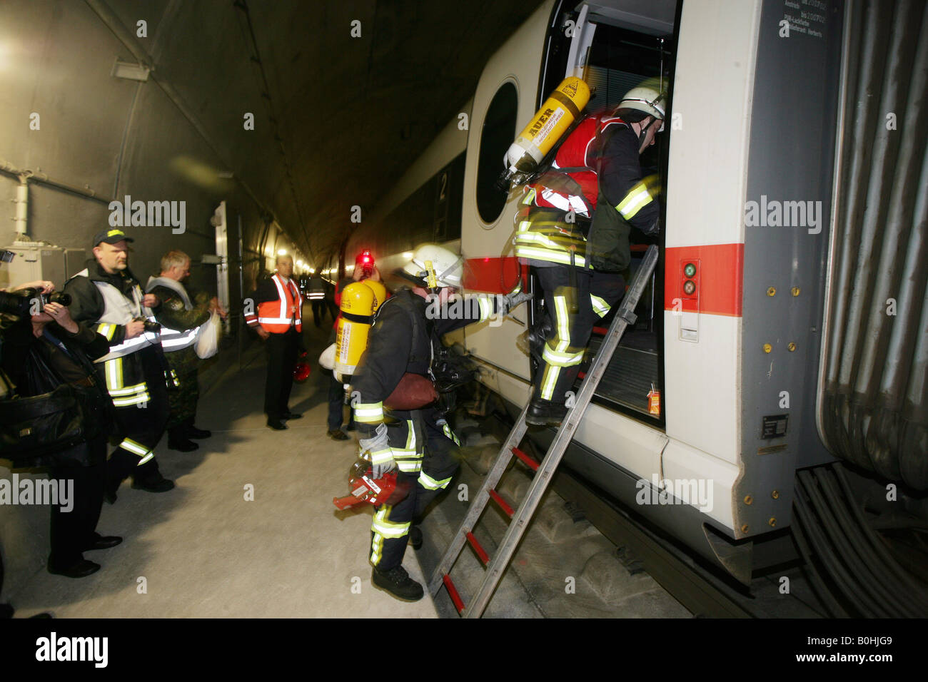 Firefighters, rescue drill conducted in an ICE high-speed or bullet train tunnel, Germany Stock Photo
