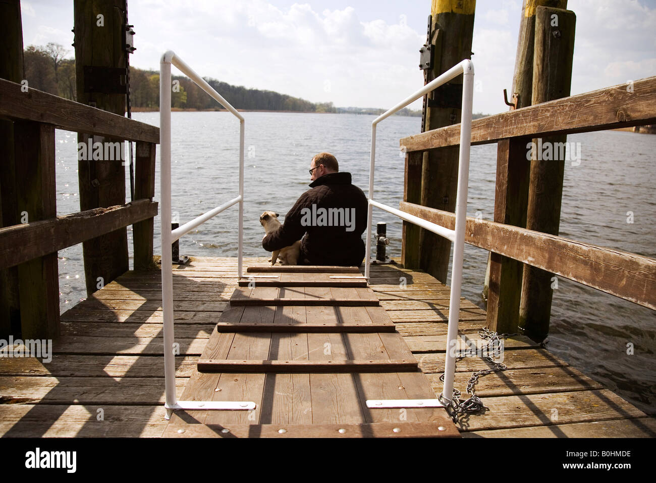 Man and a pug sitting on a wooden dock, looking around Stock Photo