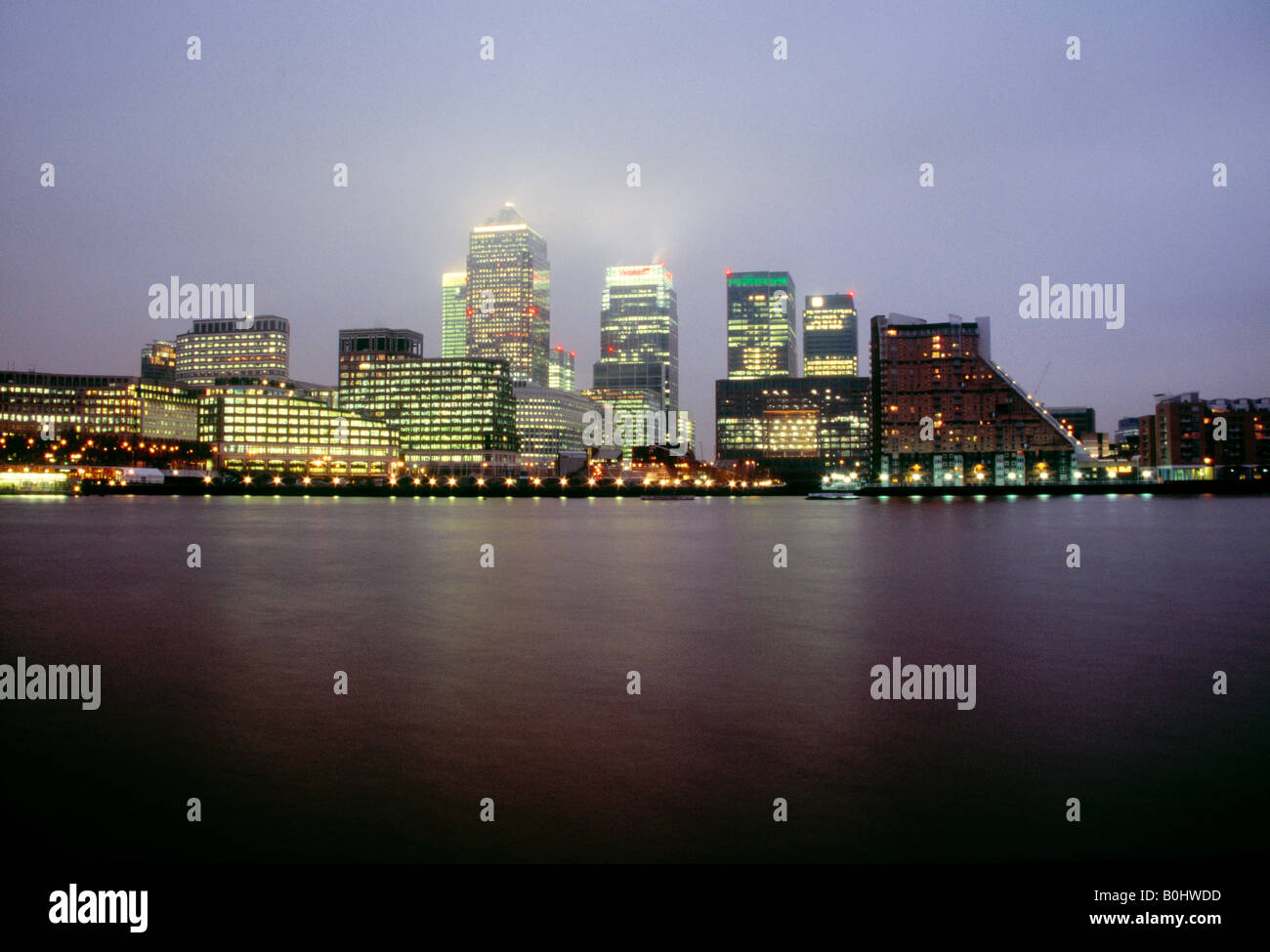 Dawn view of Canary Wharf, Docklands, London Stock Photo
