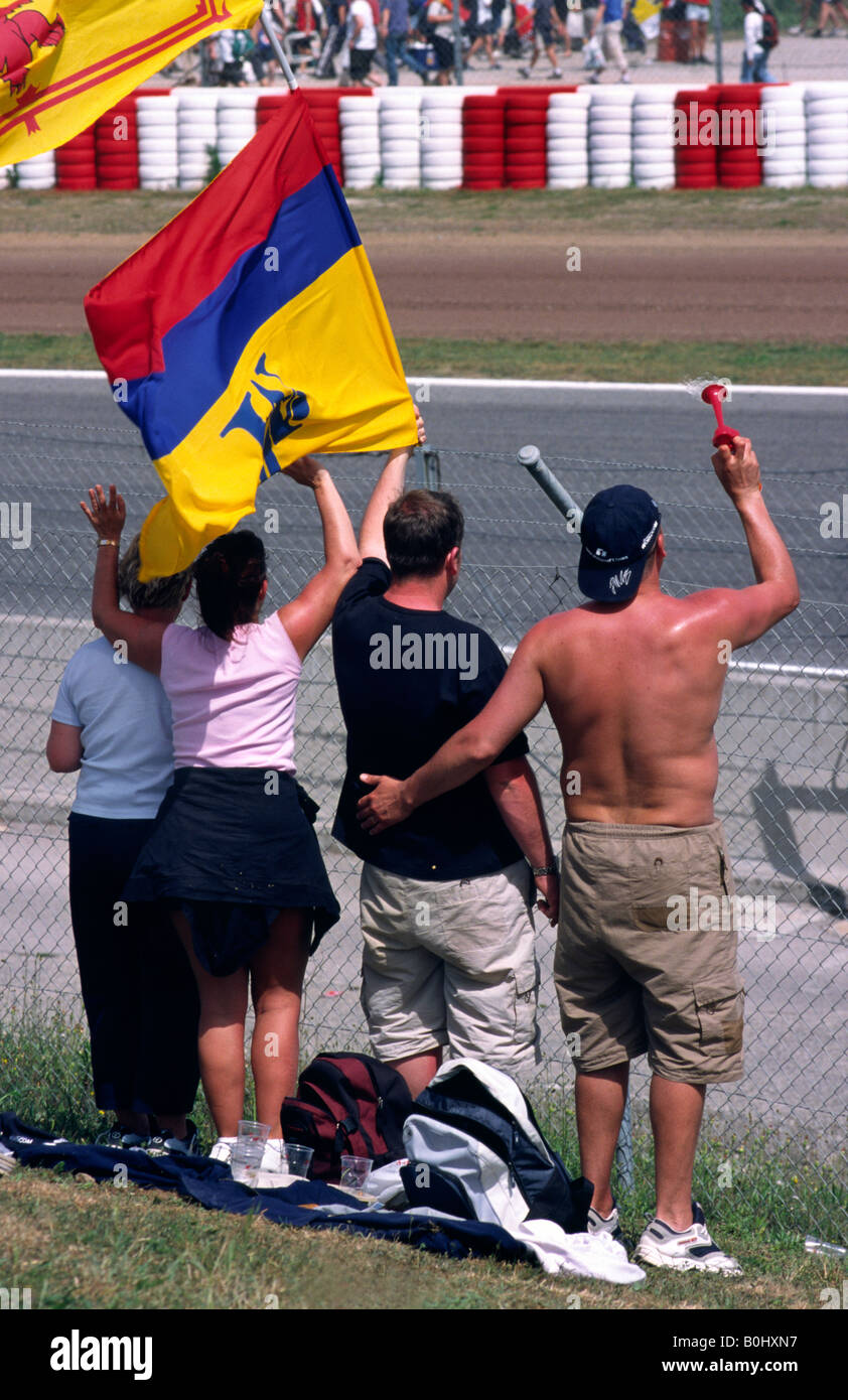 Montoya fans with a Colombian flag at the 2003 Spanish F1 Grand Prix. Circuit de Catalonia, Montmeló, Barcelona,  Spain. Stock Photo