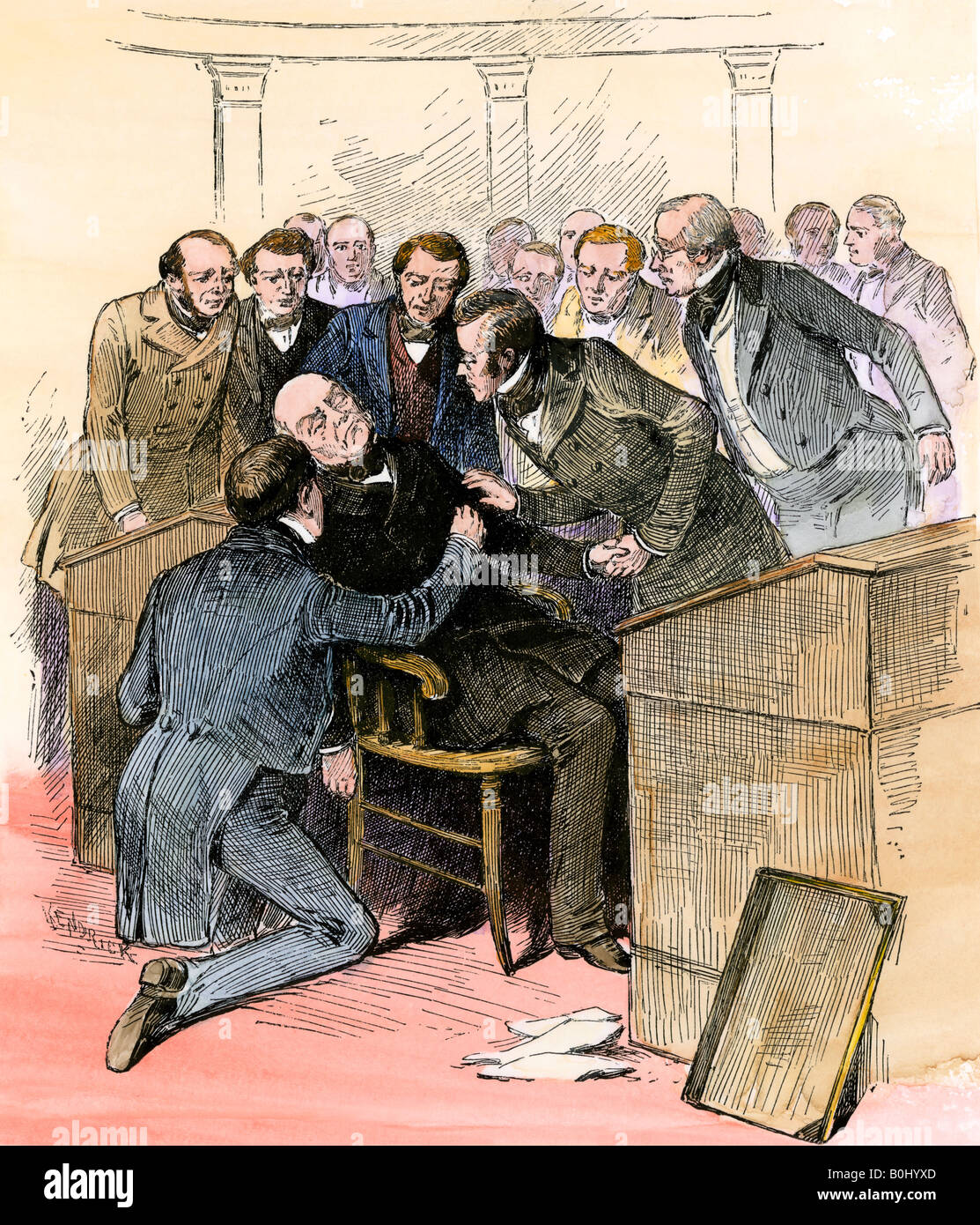 Death of John Quincy Adams in the House of Representatives 1848. Hand-colored woodcut Stock Photo