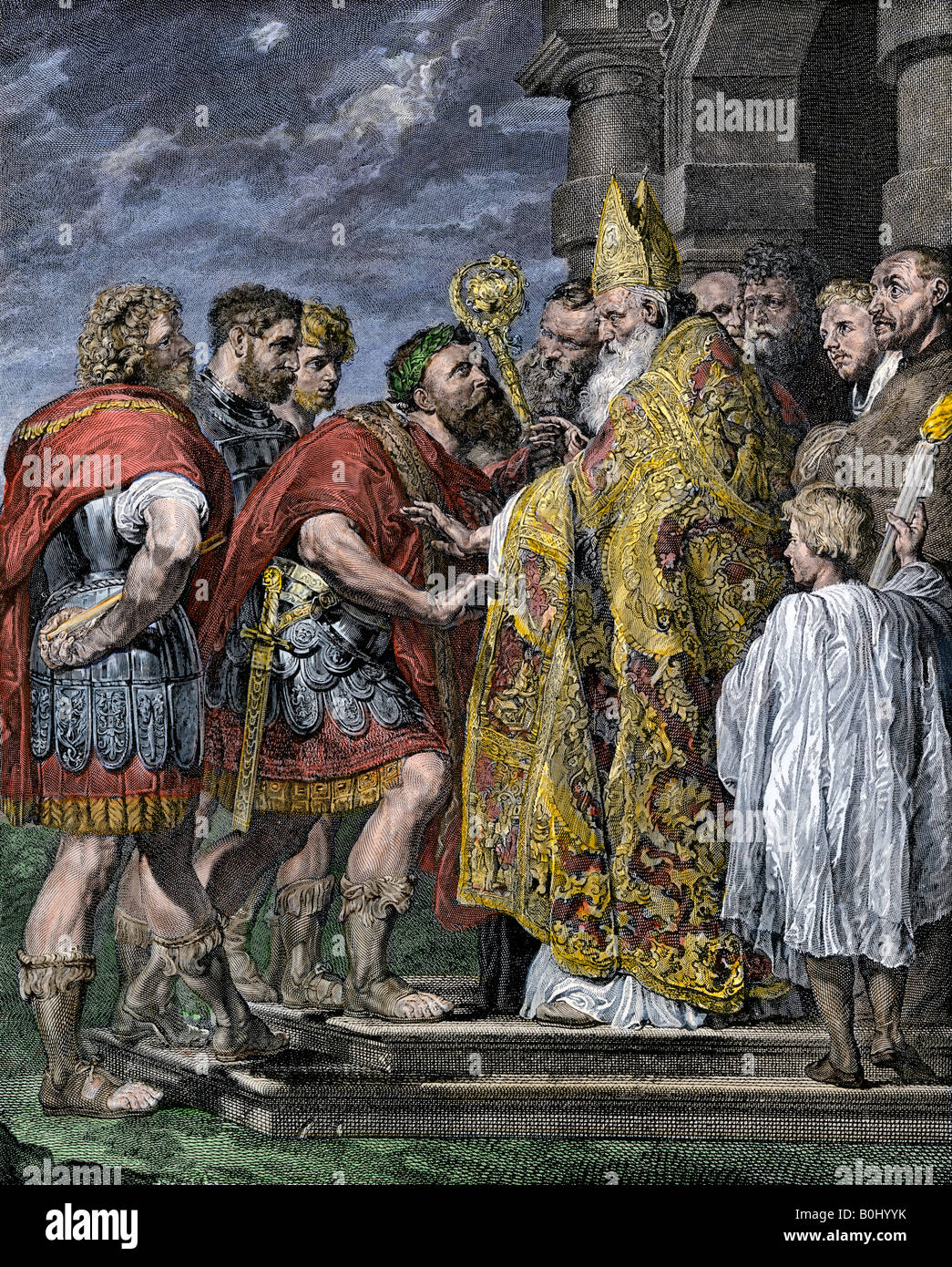 Bishop Ambrose rebukes Roman Emperor Theodosius I for atrocities in Thessalonica. Hand-colored woodcut Stock Photo