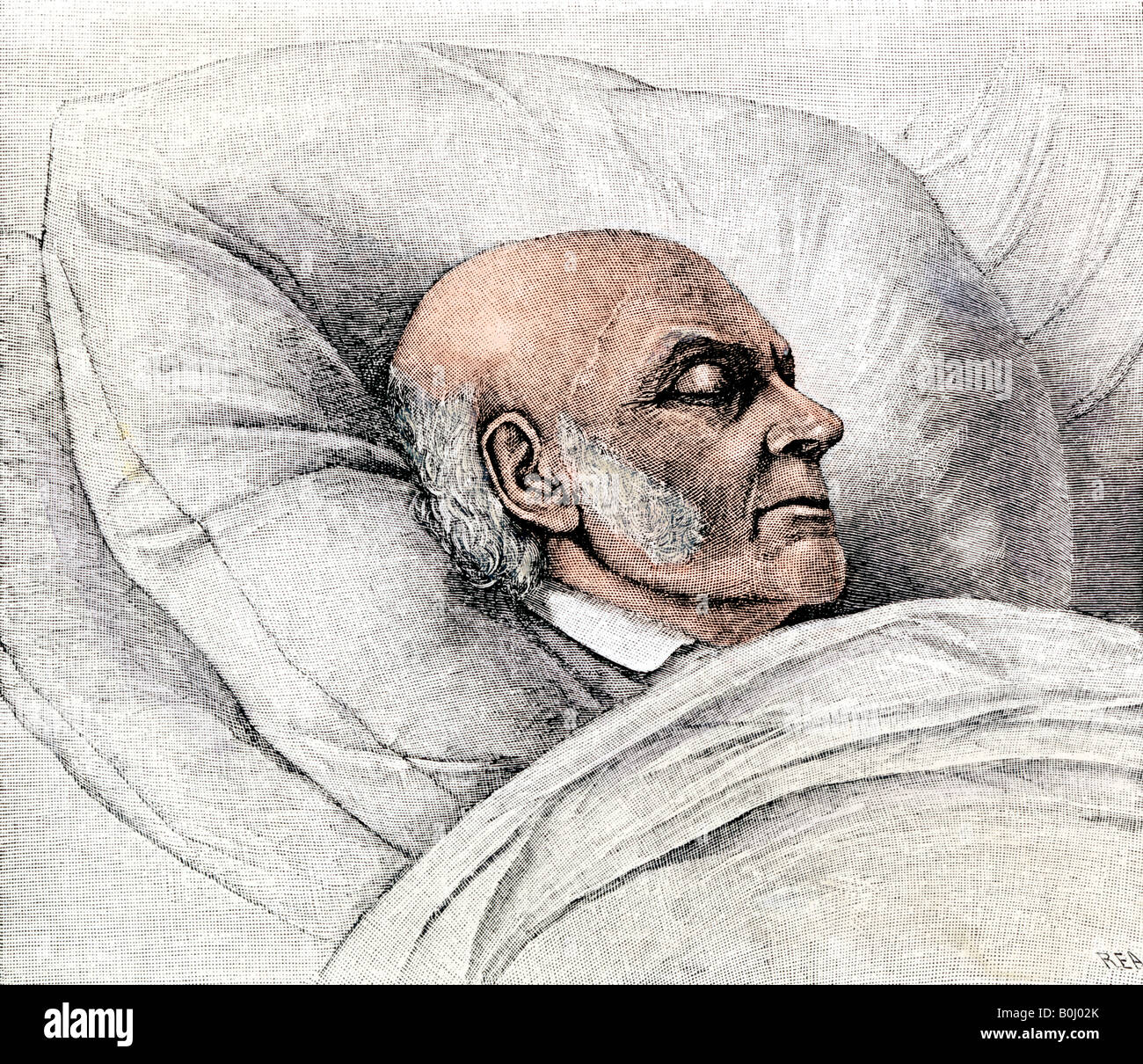 John Quincy Adams on his death bed 1848. Hand-colored woodcut Stock Photo