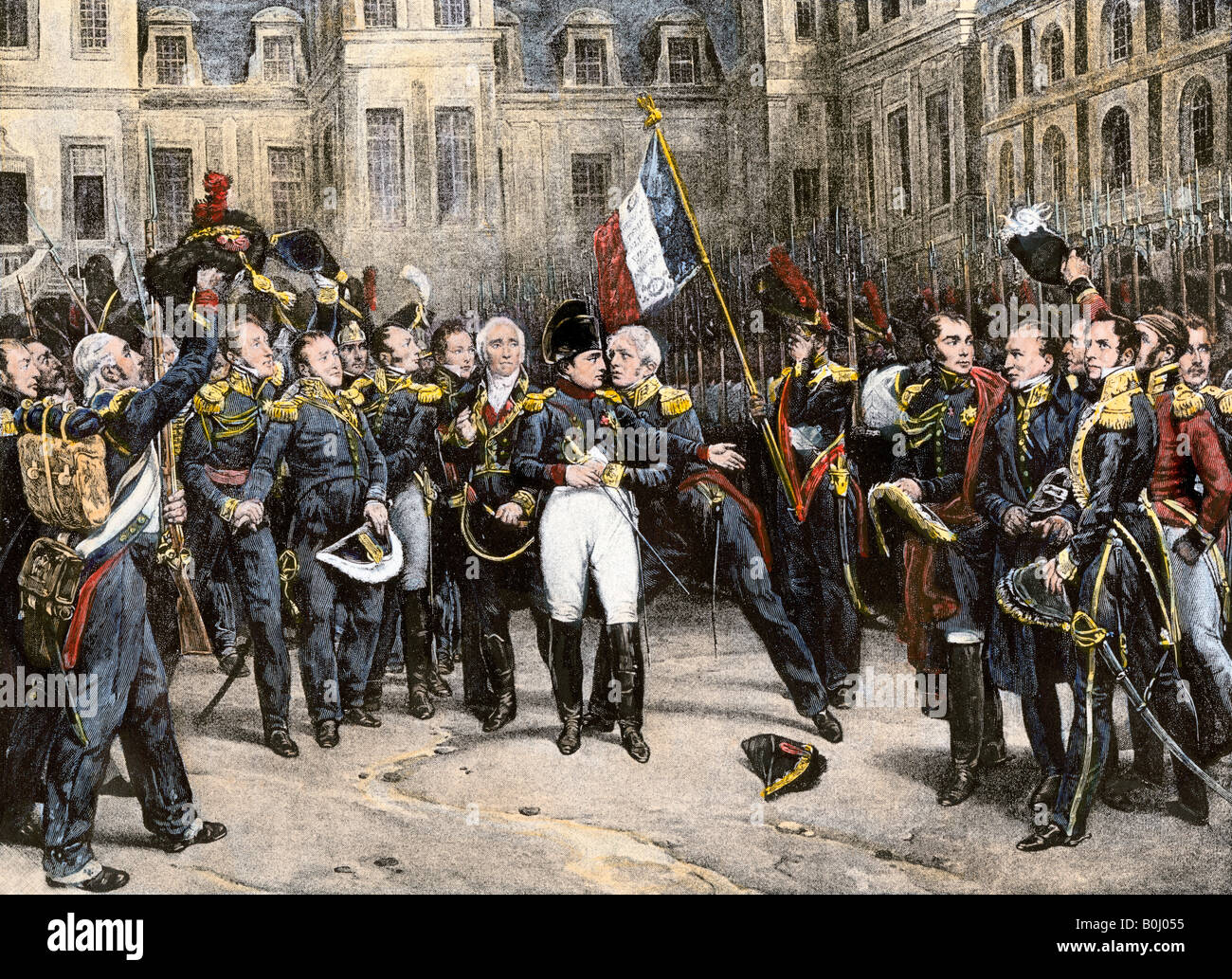 Napoleon bids farewell to the Imperial Guard at Fontainebleau Palace 1814. Hand-colored engraving Stock Photo