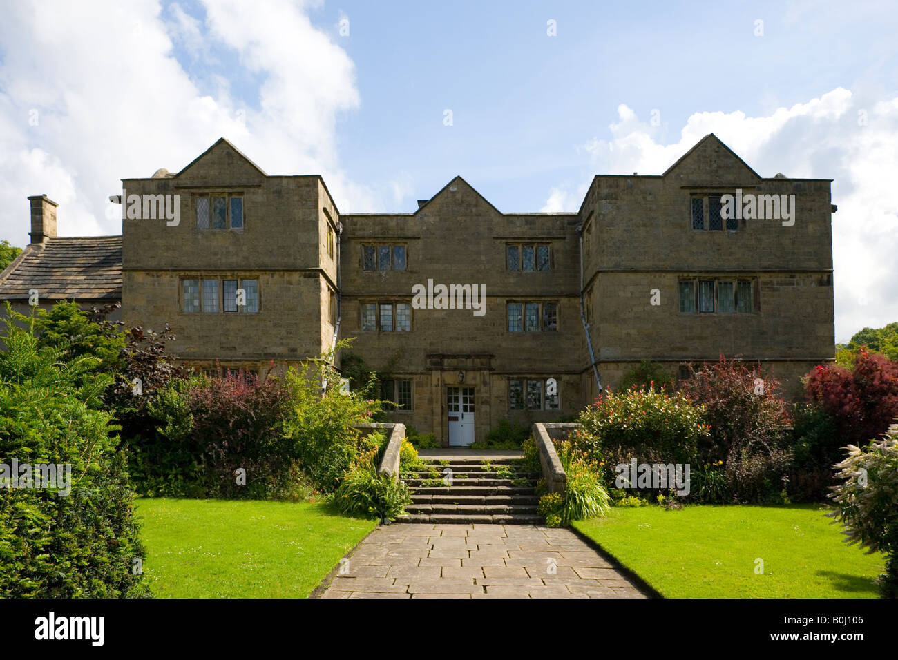 Front view of Eyam Hall in the Village of Eyam in the Peak District in Derbyshire Stock Photo