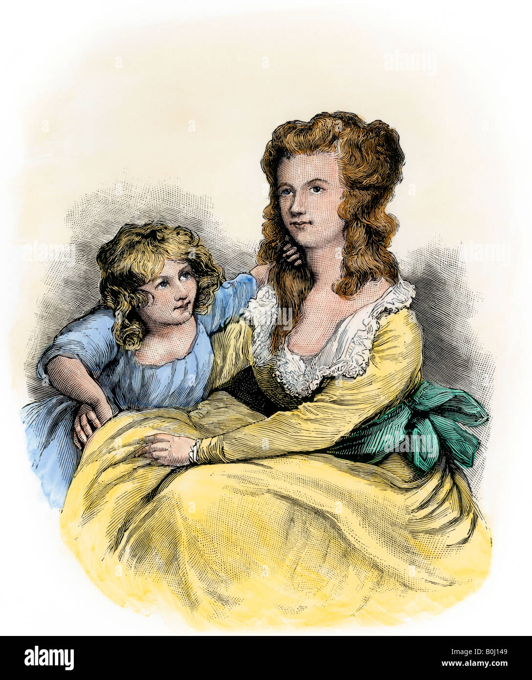 Margaret Shippen, wife of Benedict Arnold, and their child. Hand-colored woodcut Stock Photo