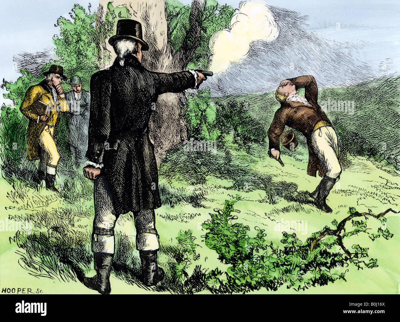 Alexander Hamilton killed in a duel with Aaron Burr 1804. Hand-colored woodcut Stock Photo