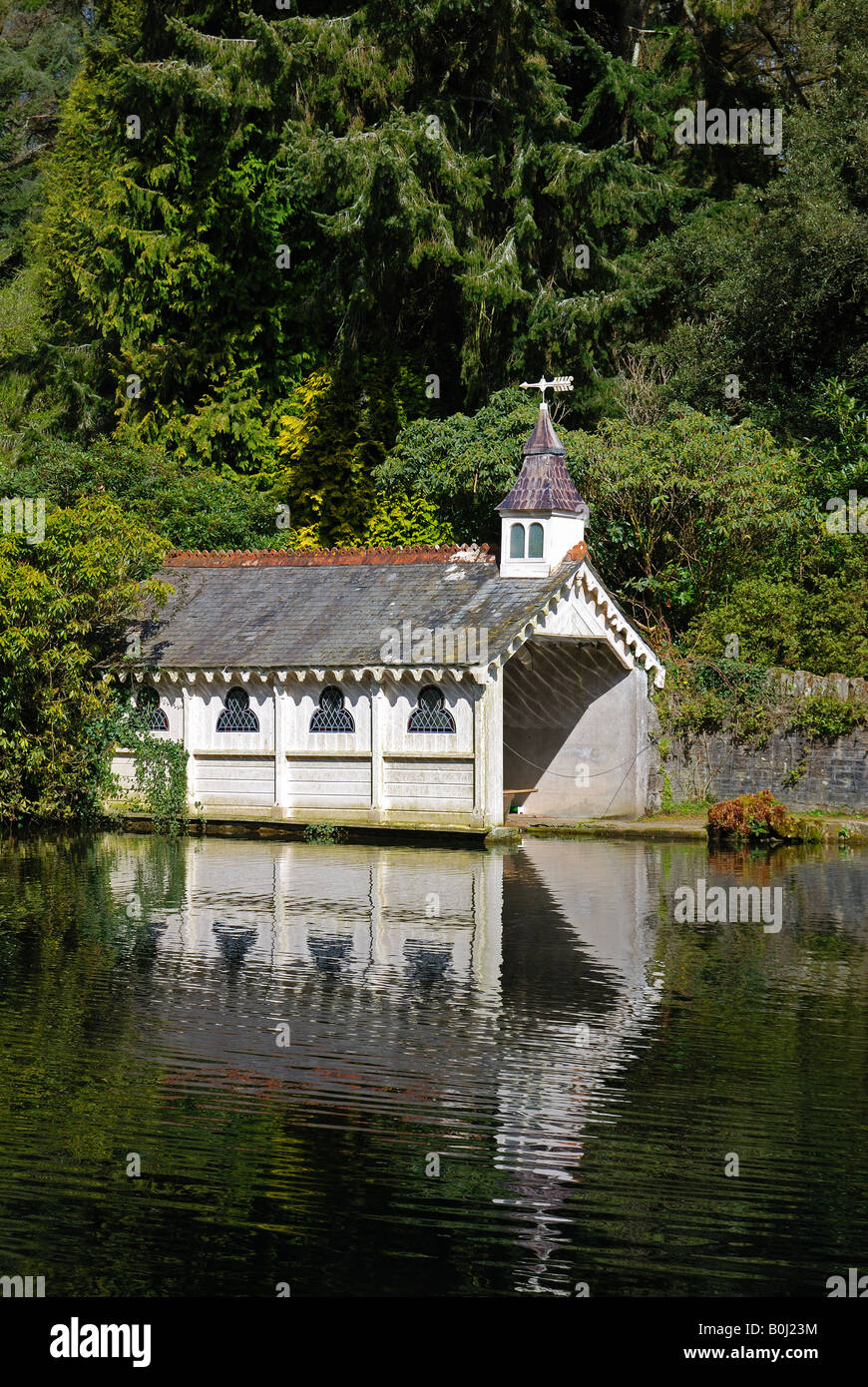 the old boathouse on the lake at trevarno gardens near helston,cornwall