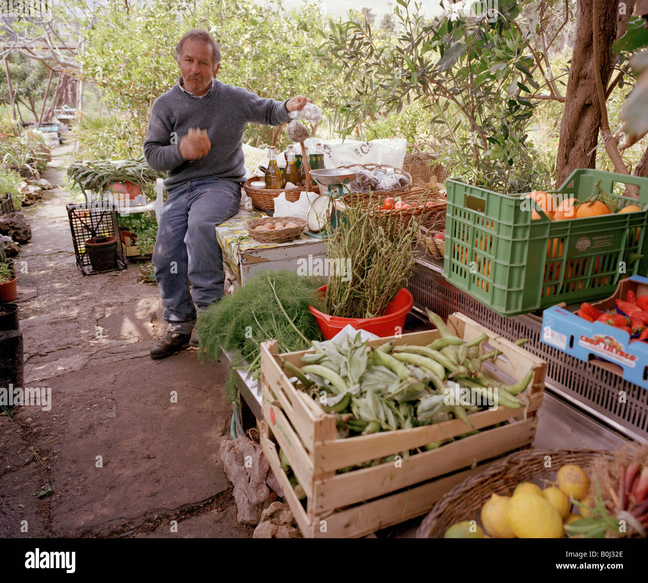 Local Sicilian man sells his home grown produce from his garden Scopello Sicily Italy EU Stock Photo
