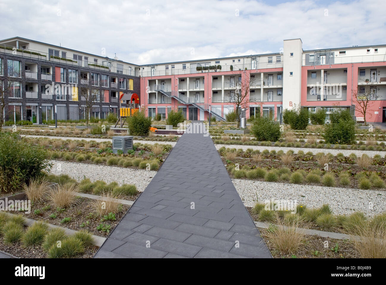 Council housing, with drought resistant gardens, Herne, North Rhine Westphalia, Germany. Stock Photo