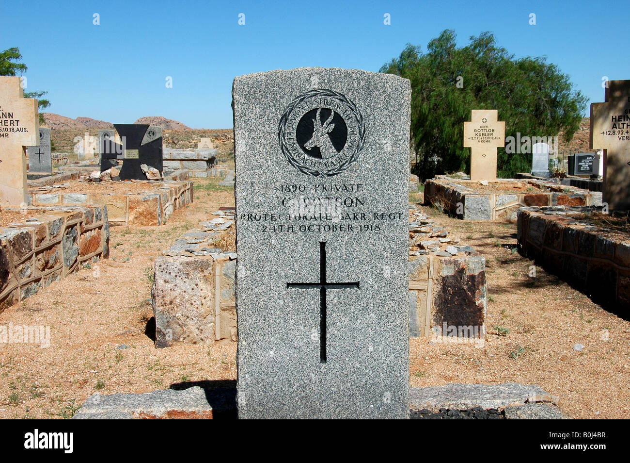Military Grave World War One Killed In Action at Aus military graveyard, German South West Africa. Namibia. Stock Photo
