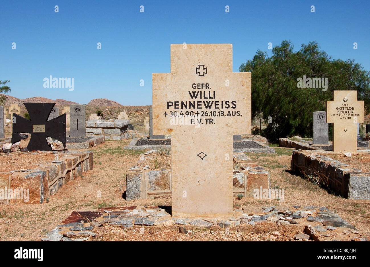 Military Grave World War One Killed In Action at Aus military graveyard, German South West Africa. Namibia.  Willi Penneweiss. Stock Photo