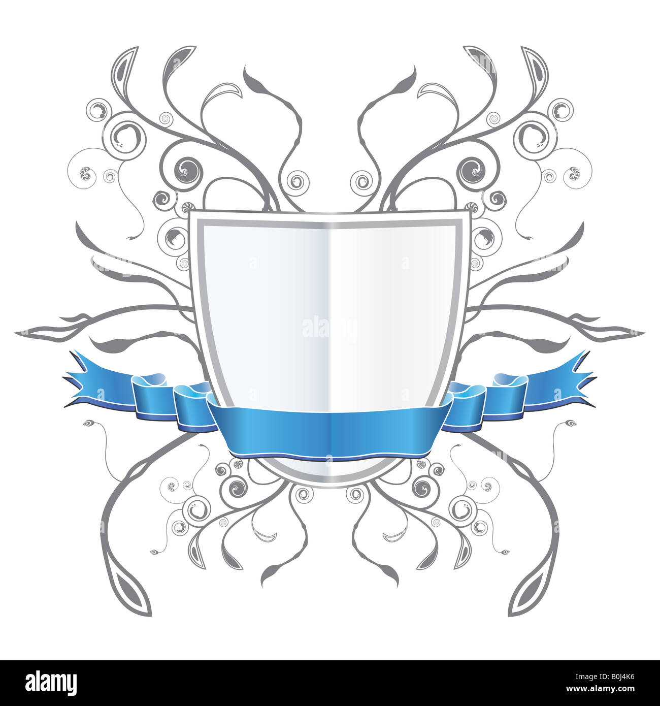 Vector illustration of a blank customizable floral coat of arms shield with a blue ribbon Stock Photo