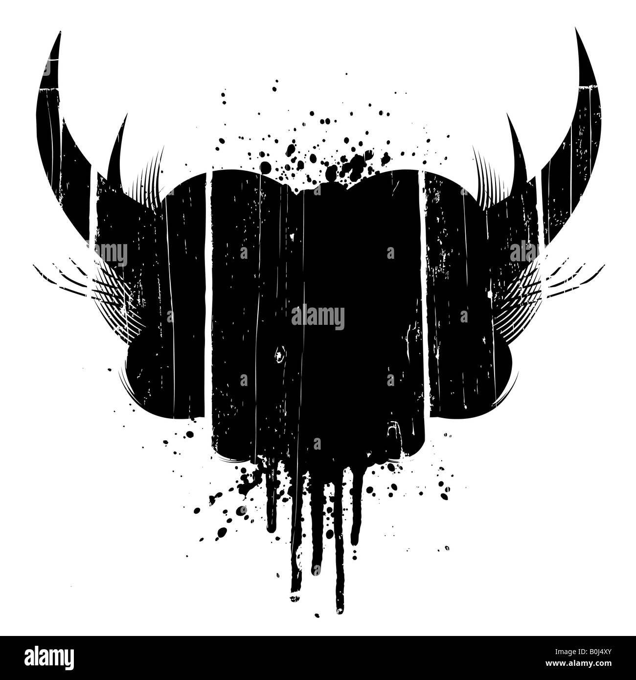 Vector illustration of a grungy aged design element with horns and ink splatter Stock Photo