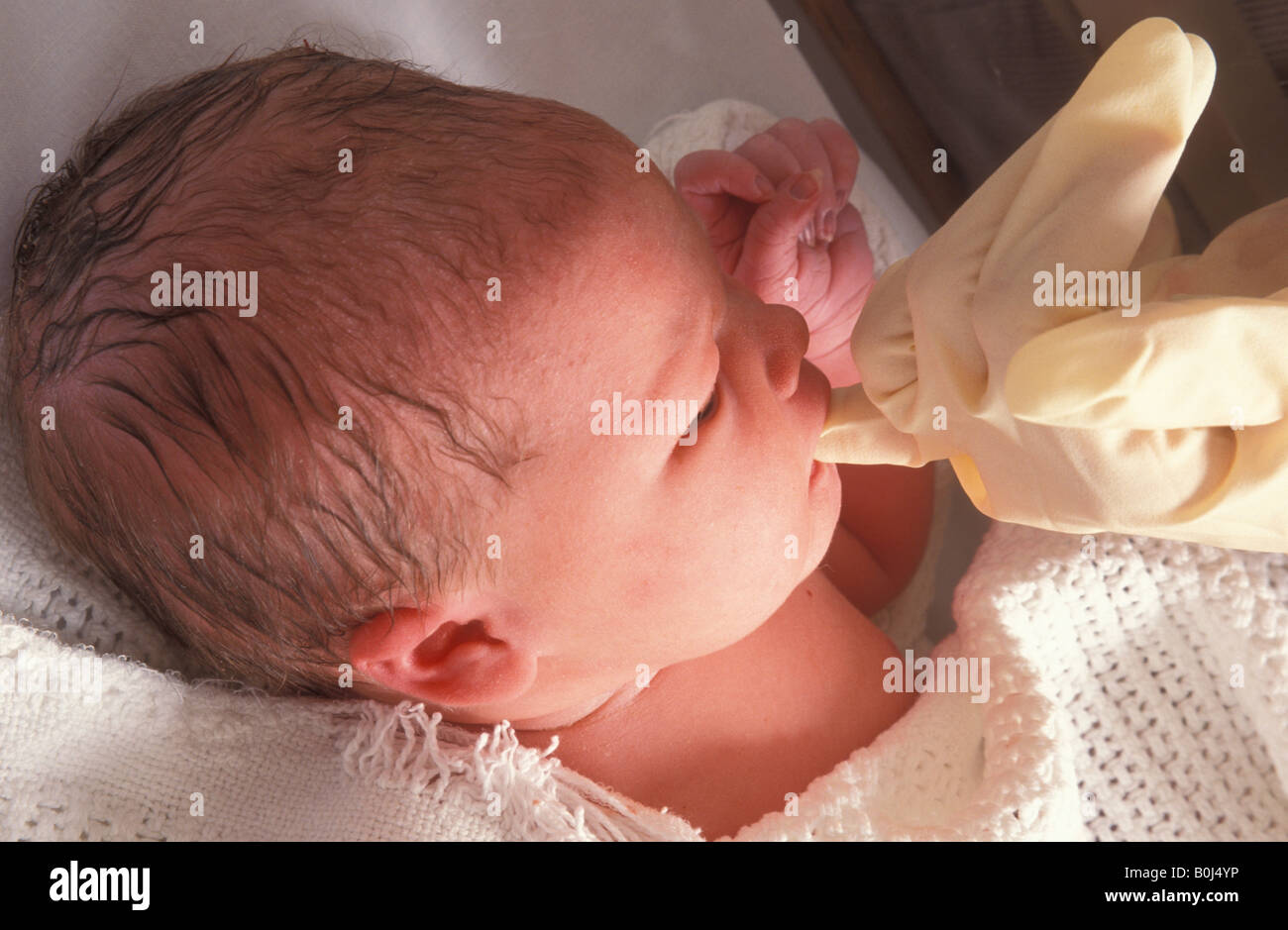 newborn baby born in hospital having roof of mouth checked by midwife Stock Photo