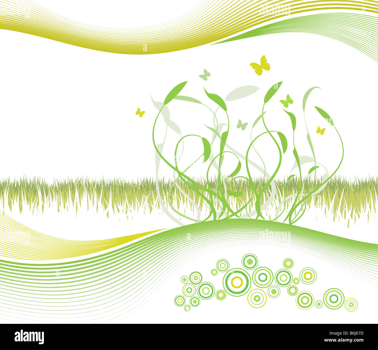 Vector illustration of a summer spring floral and lined art background with cheery circles and copy space Stock Photo