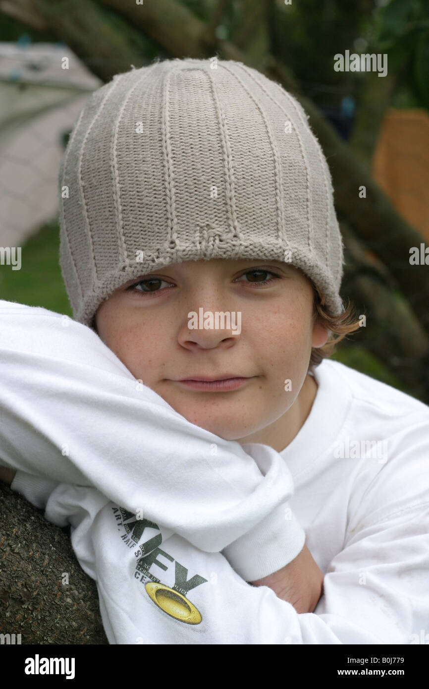 12 year old boy in beenie hat outside Stock Photo Alamy