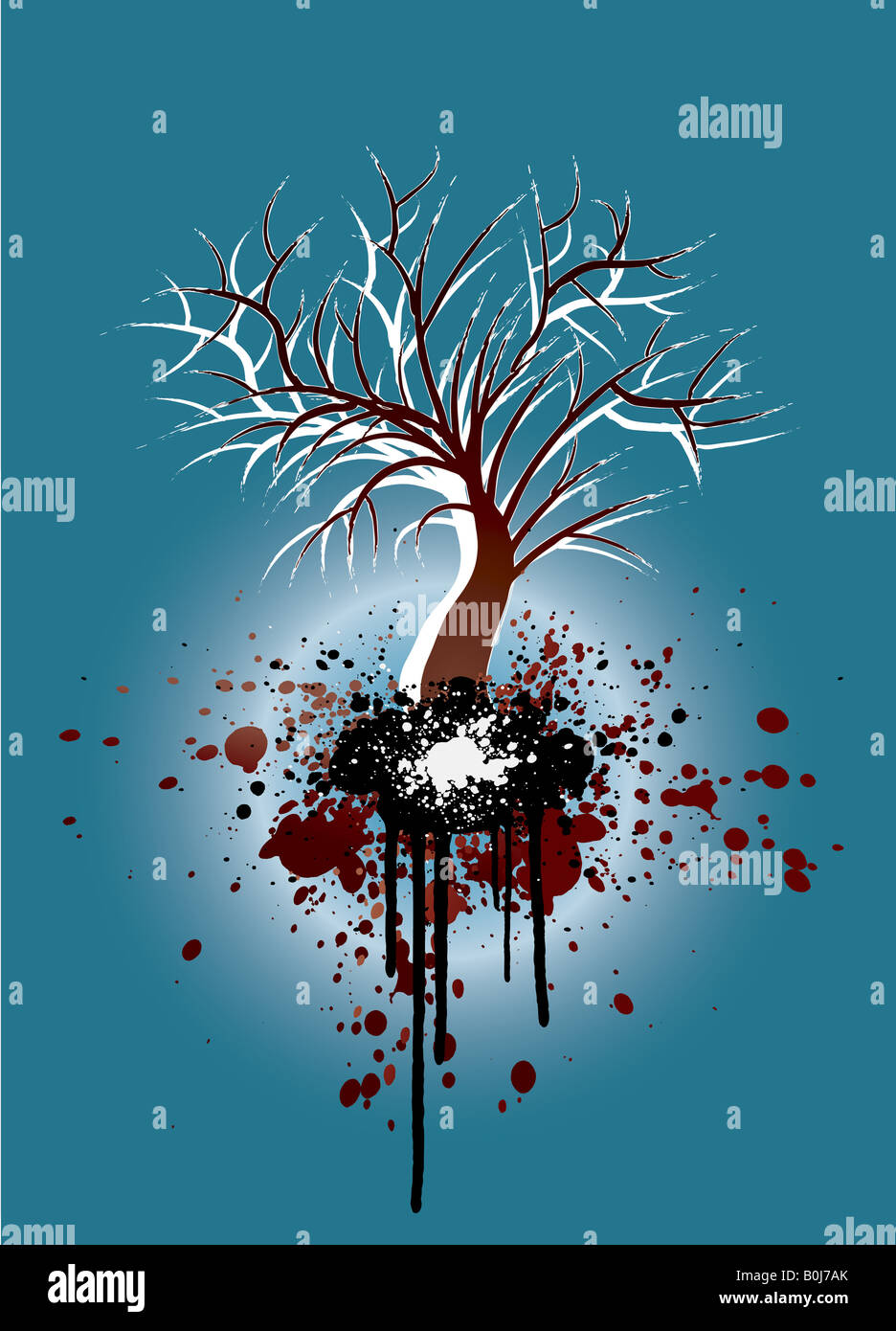 Grunge illustration of a tree silhouette with gradient colors on a winter or autumn theme Stock Photo