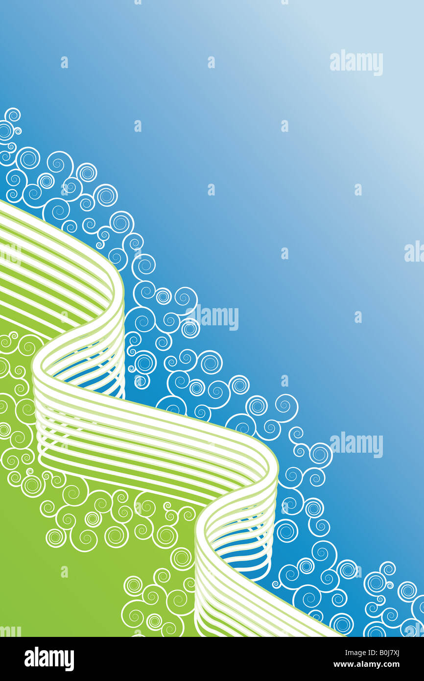 Vector illustration of a blue and green spirals and lined art background Stock Photo