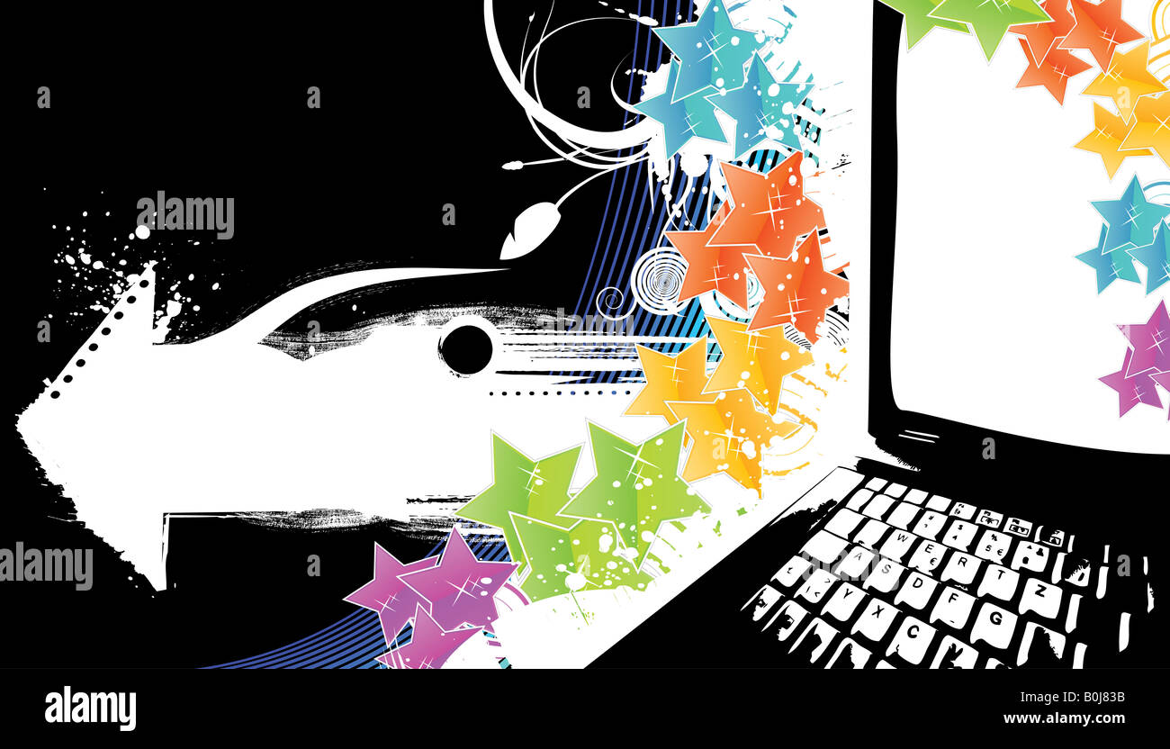Vector illustration of a stylish technology celebration background with rainbow stars and notebook laptop Stock Photo
