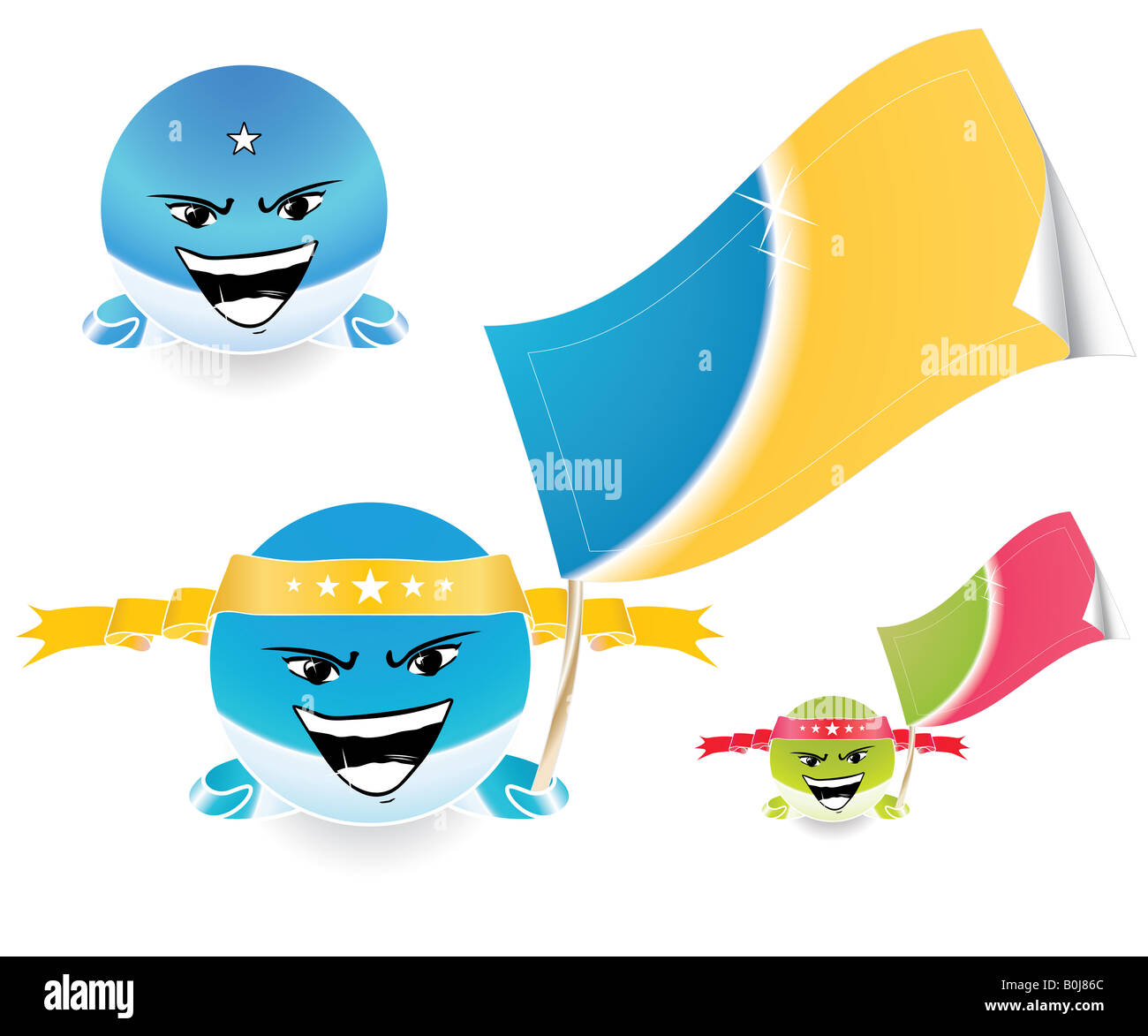 Vector illustration of an anime style happy emoticon face with a joyful expression and a retail tag flag in the hand Stock Photo