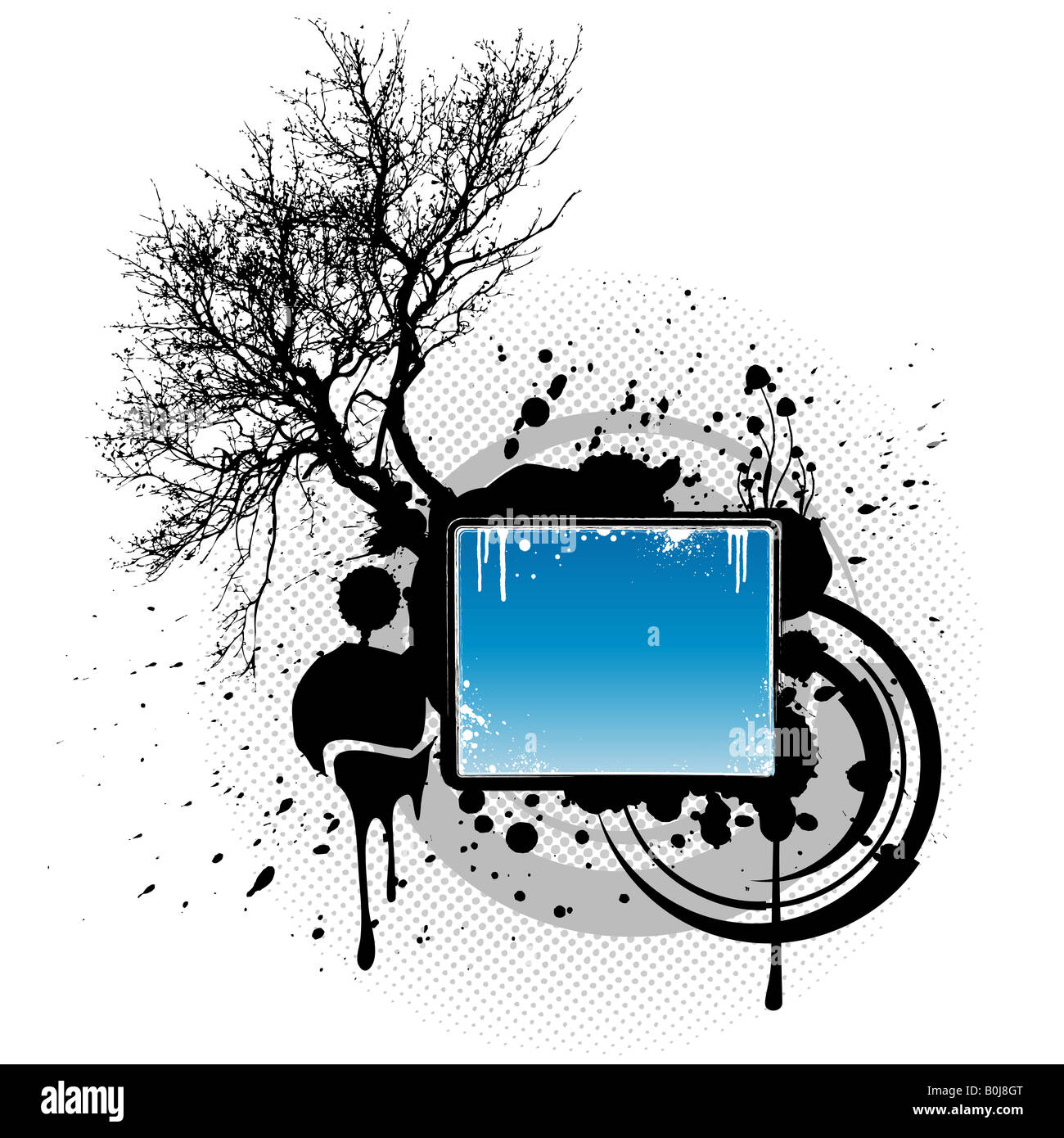Vector illustration of a grunge modern style design element with splatter ink drops tree silhouette and halftone background Stock Photo