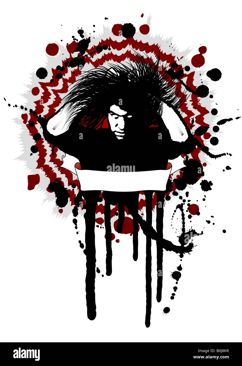 Vector illustration in grunge style with splatters of a dangerous horryfing man with white eyes and empty banner for custom text Stock Photo