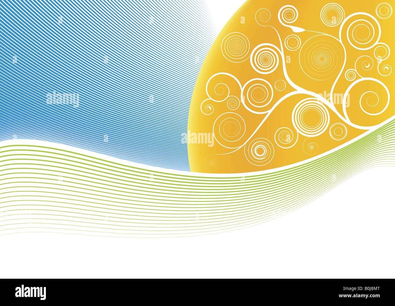 Vector illustration of a gradient mesh sun with modern floral spirals and lined art style waves Copy space for design elements Stock Photo