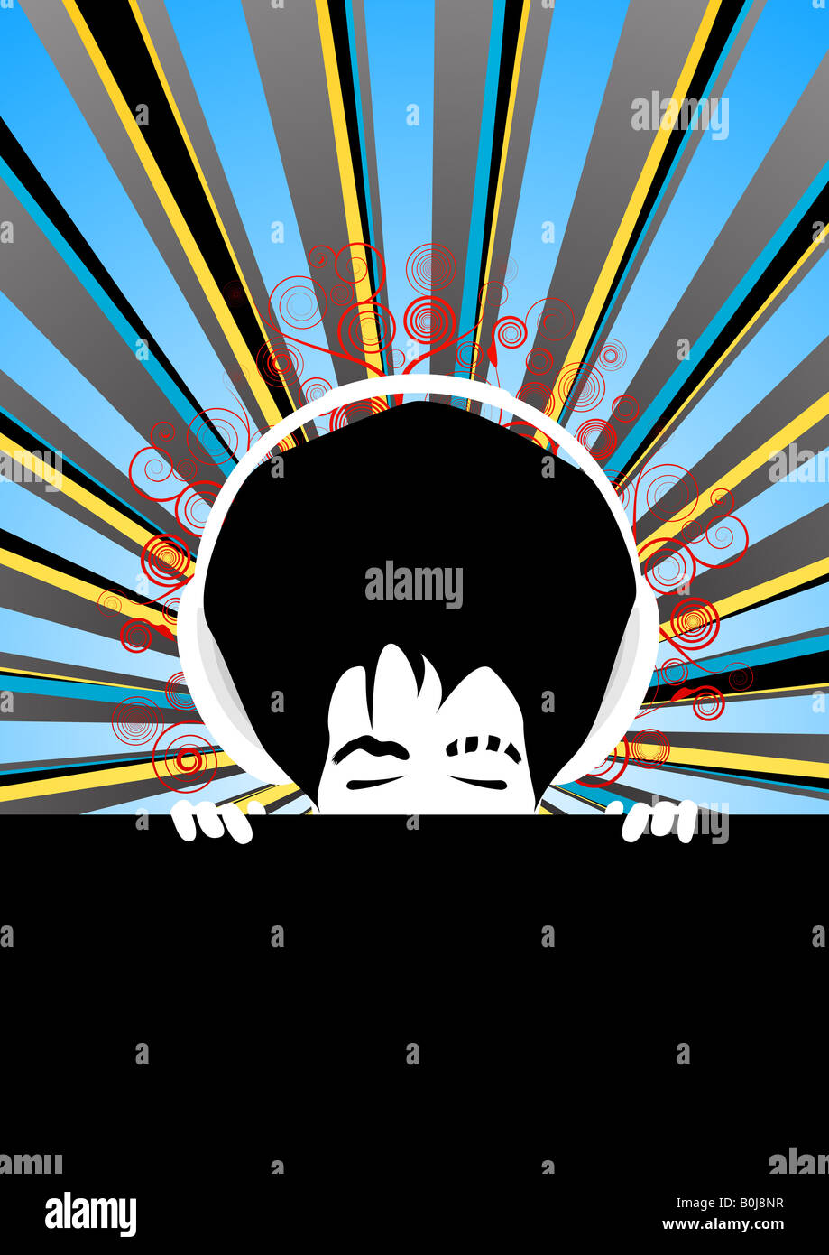 Vector illustration of a music dj background with a central man with closed eyes listening to music Stock Photo