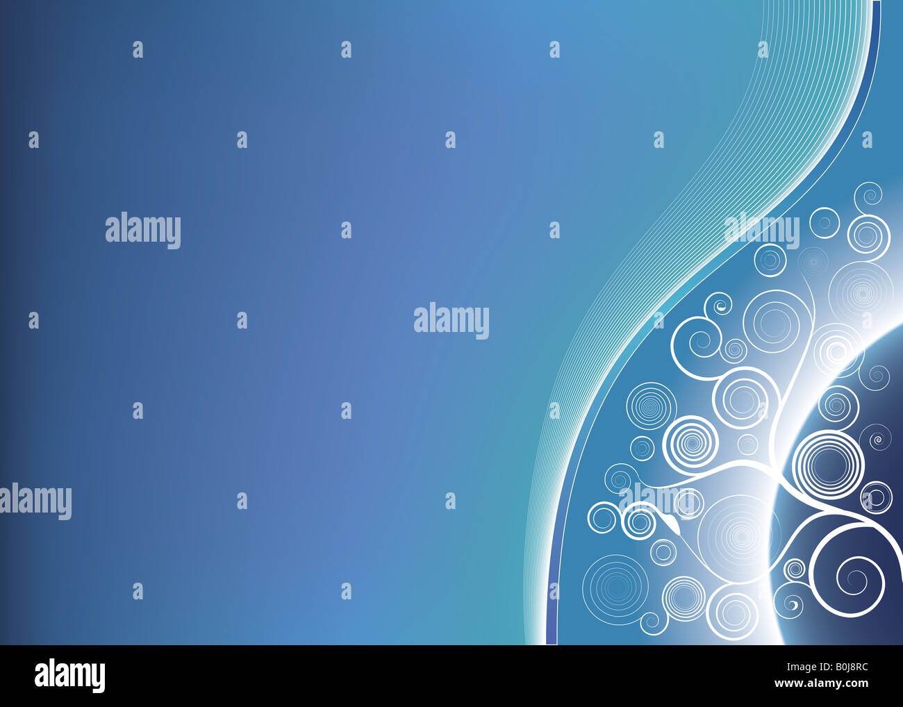 Vector illustration of a gradient mesh planet in the corner with modern floral spirals and lined art style waves Stock Photo