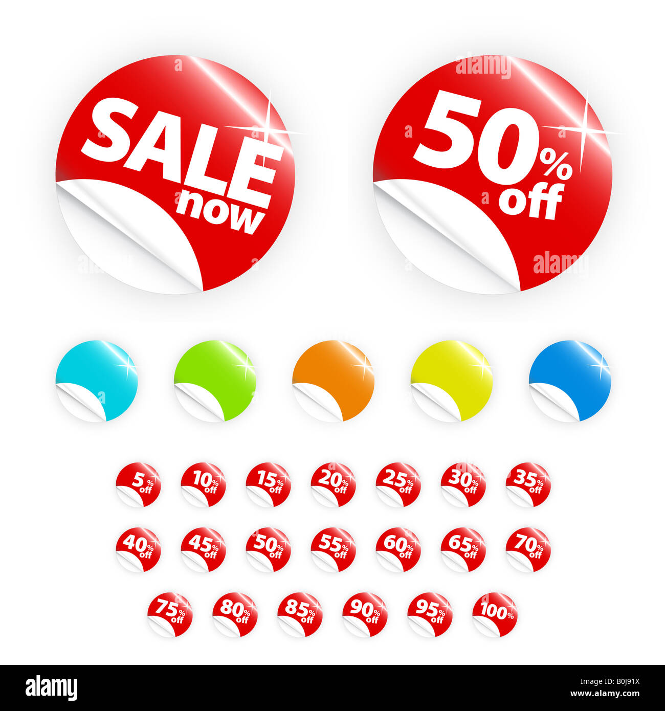 Vector illustrations of glossy shiny retail icons with peel gradient effect with discount percentages from 5 to 100. Stock Photo